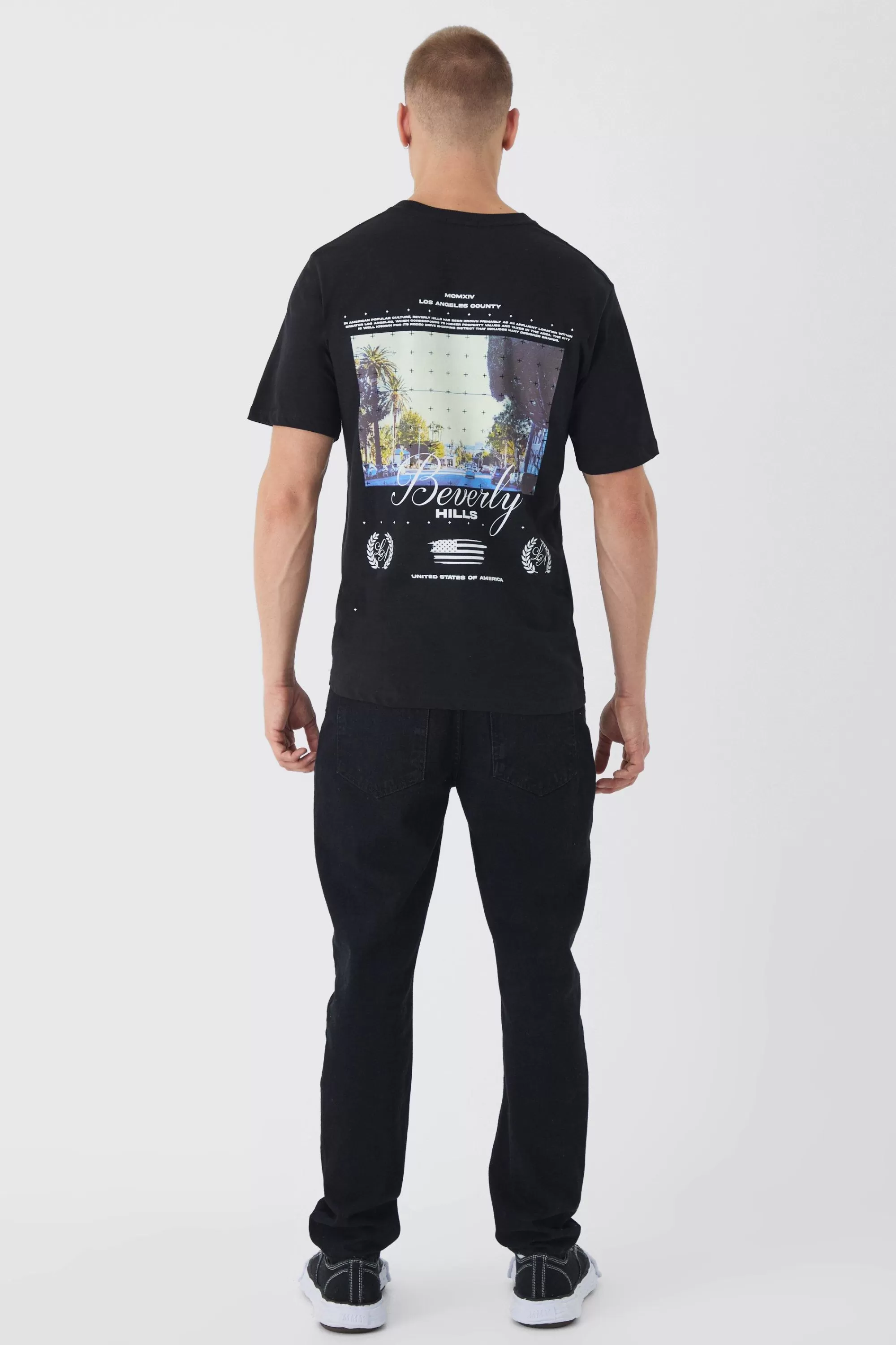 boohooMAN Beverly Hills Landscape Back Print T-Shirt | UK black New