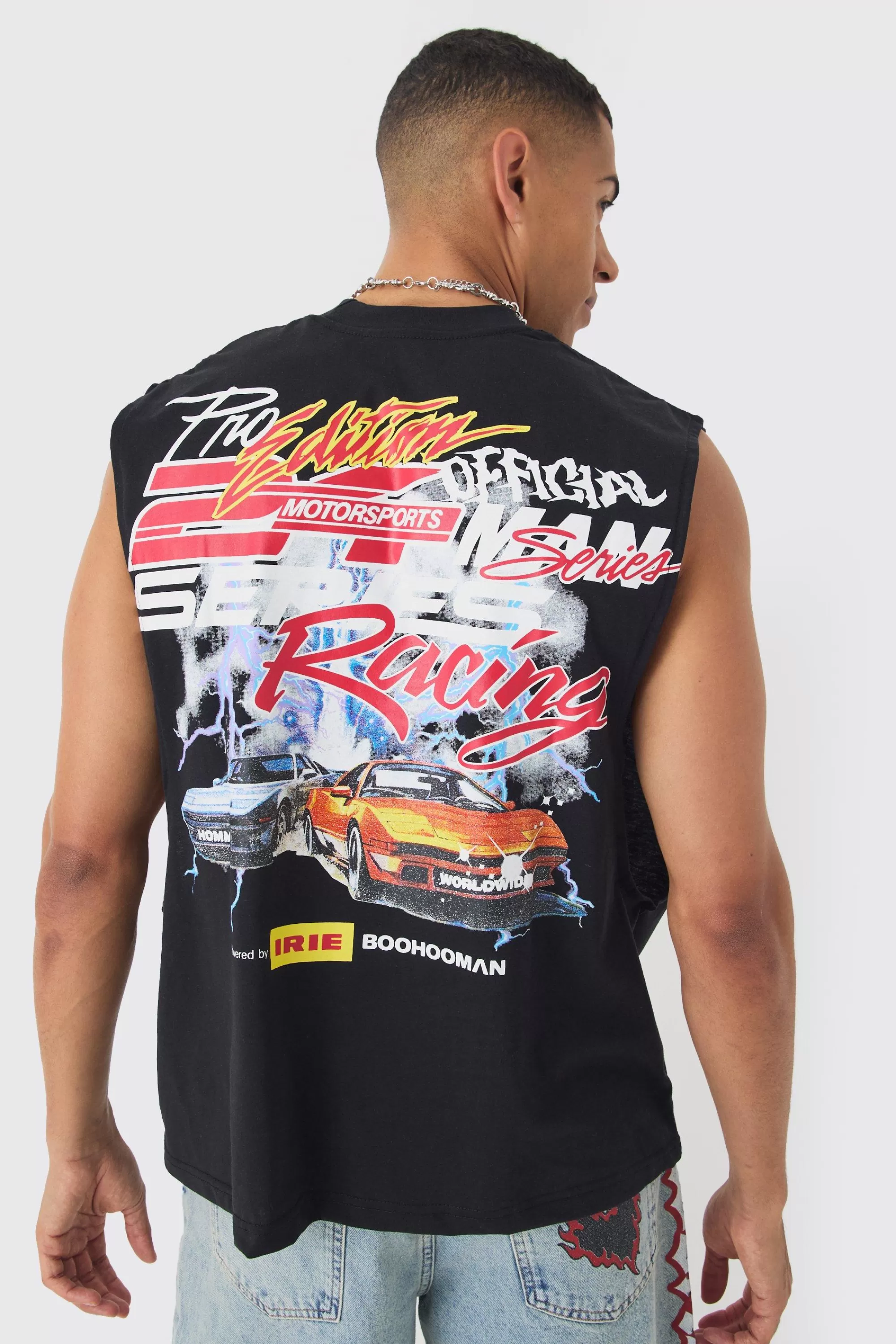 boohooMAN Boxy Drop Armhole Extended Neck Racing Print Tank | UK black Hot