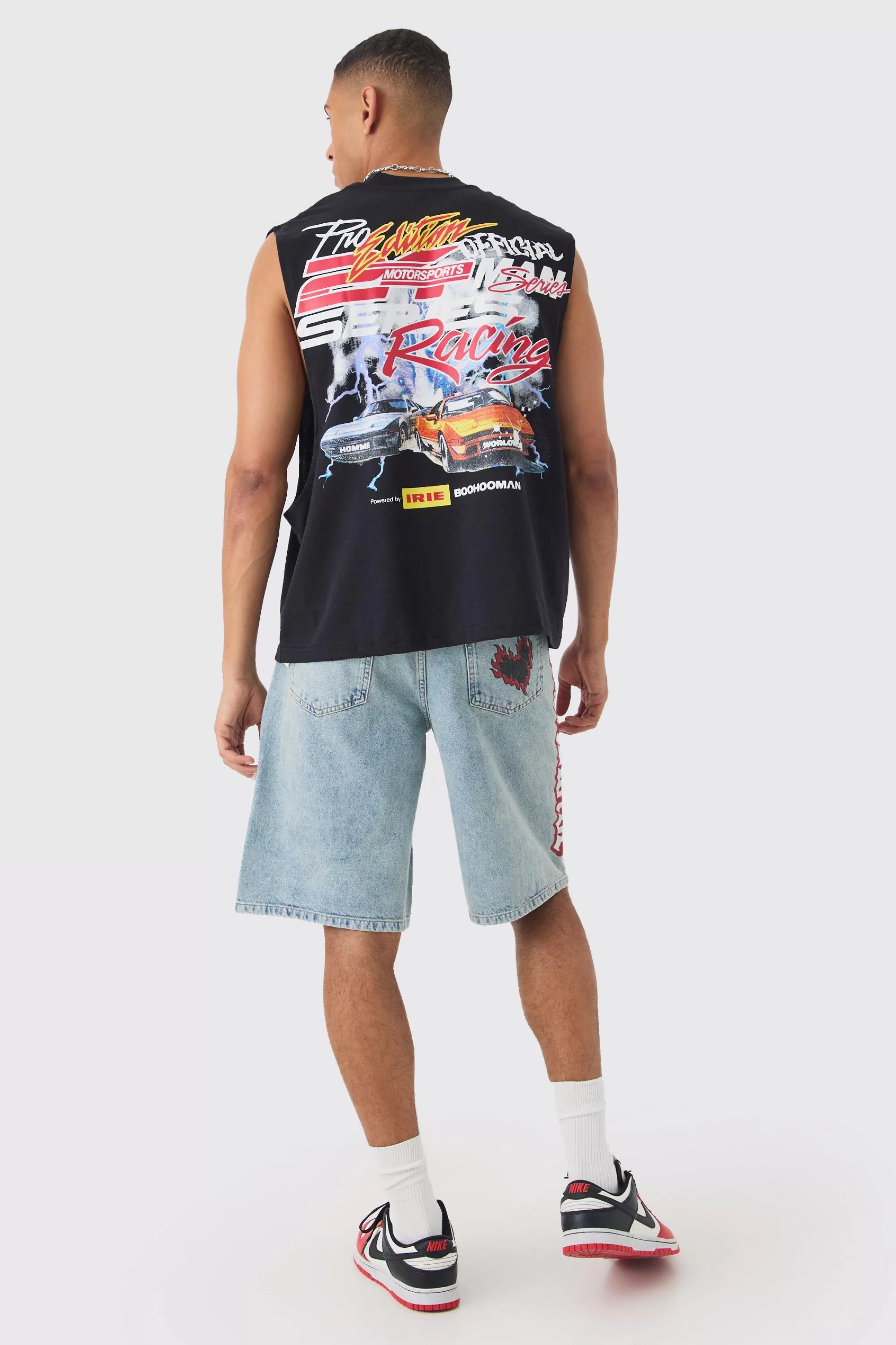 boohooMAN Boxy Drop Armhole Extended Neck Racing Print Tank | UK black Hot