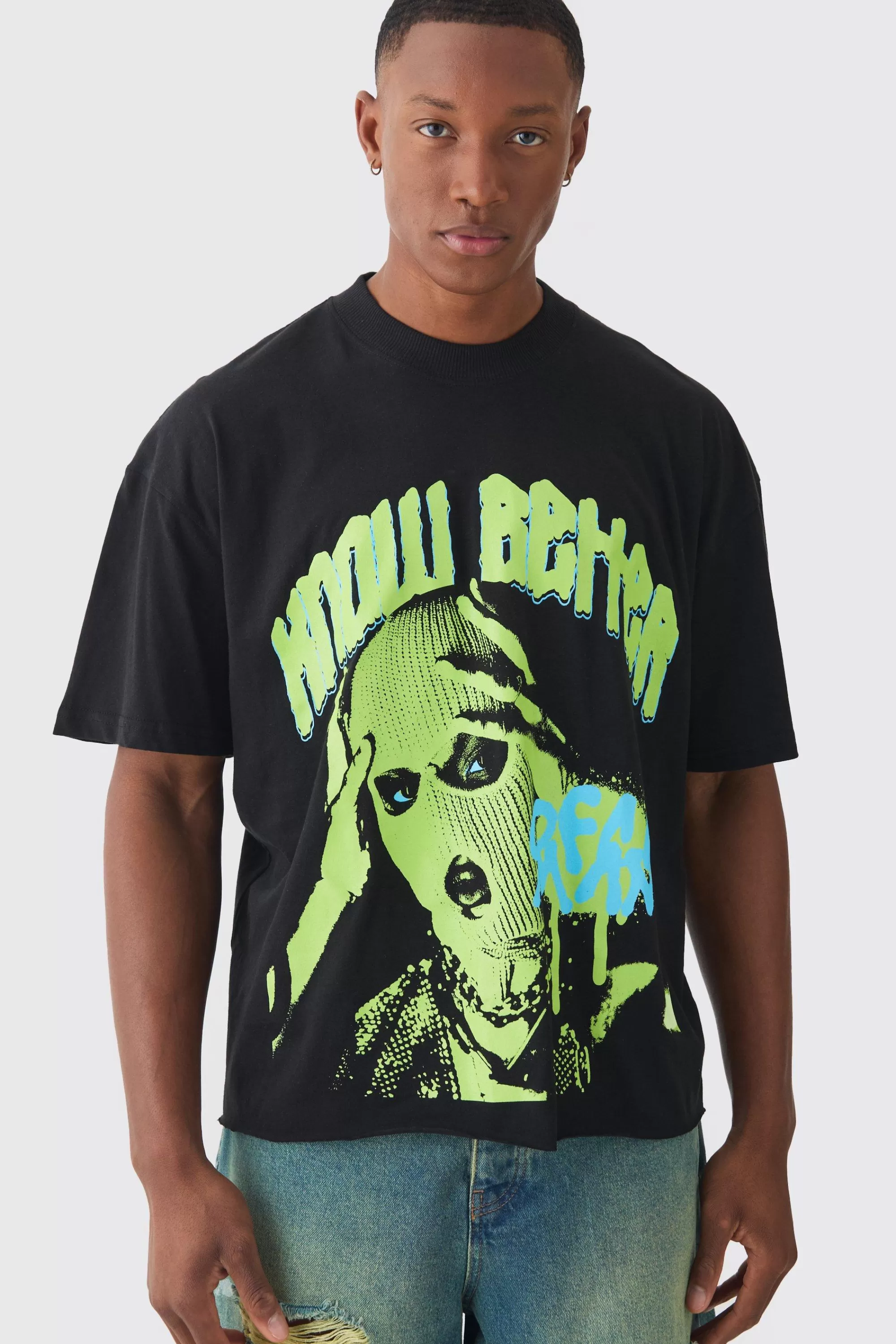 boohooMAN Boxy Extended Neck Raw Hem Large Know Better Mask Print T-shirt | UK black New