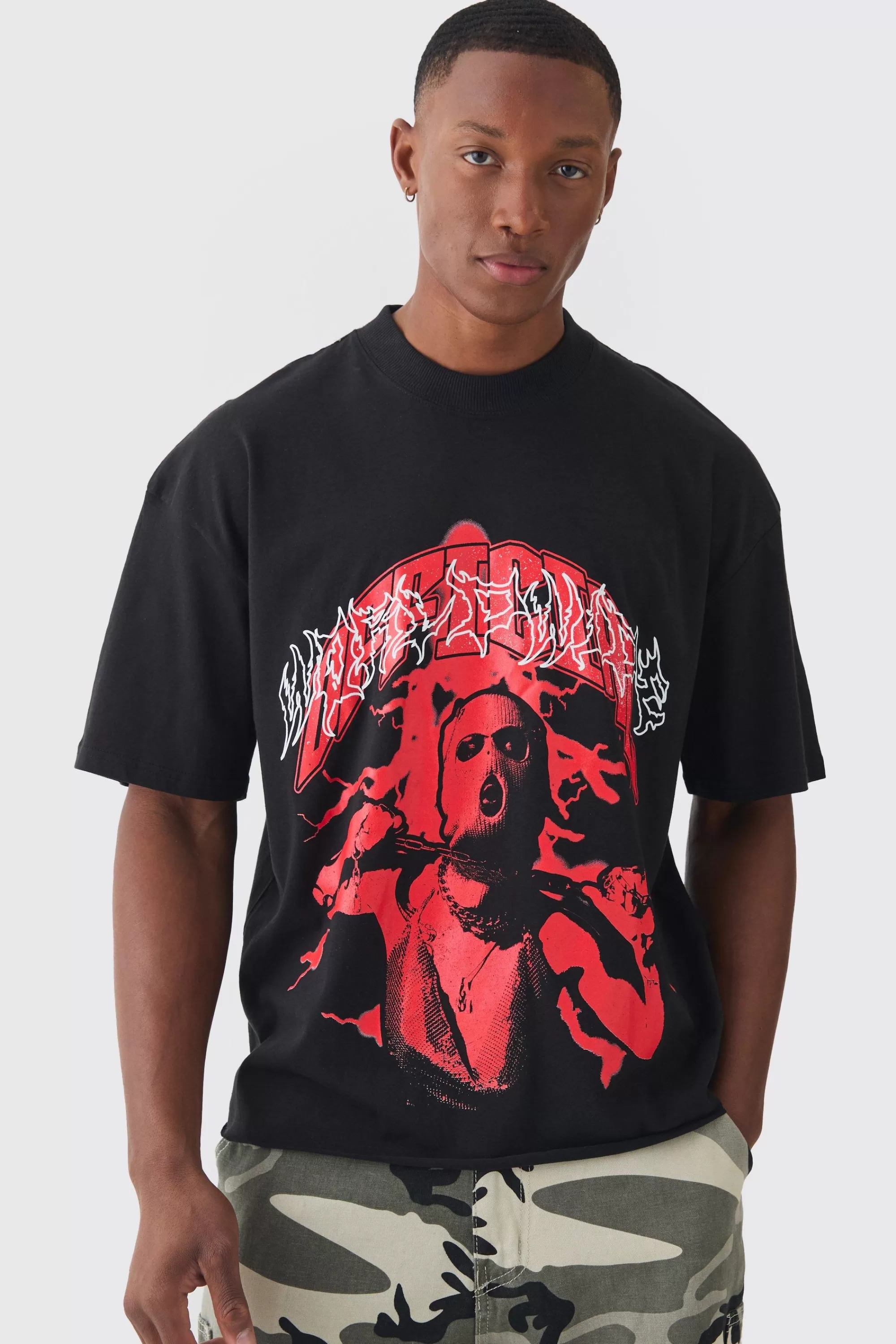 boohooMAN Boxy Extended Neck Raw Hem Large Official Mask Print T-shirt | UK black Cheap