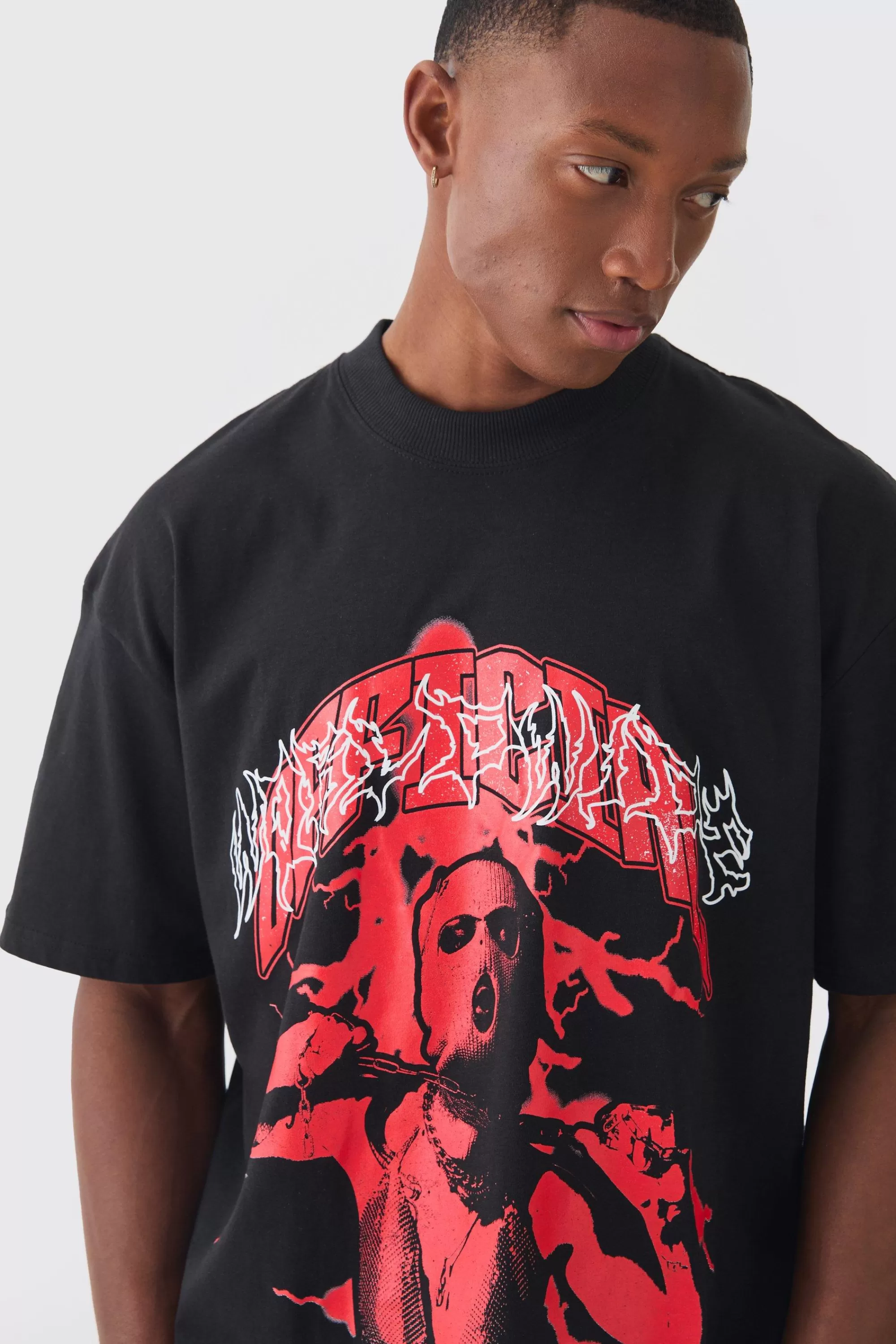 boohooMAN Boxy Extended Neck Raw Hem Large Official Mask Print T-shirt | UK black Cheap