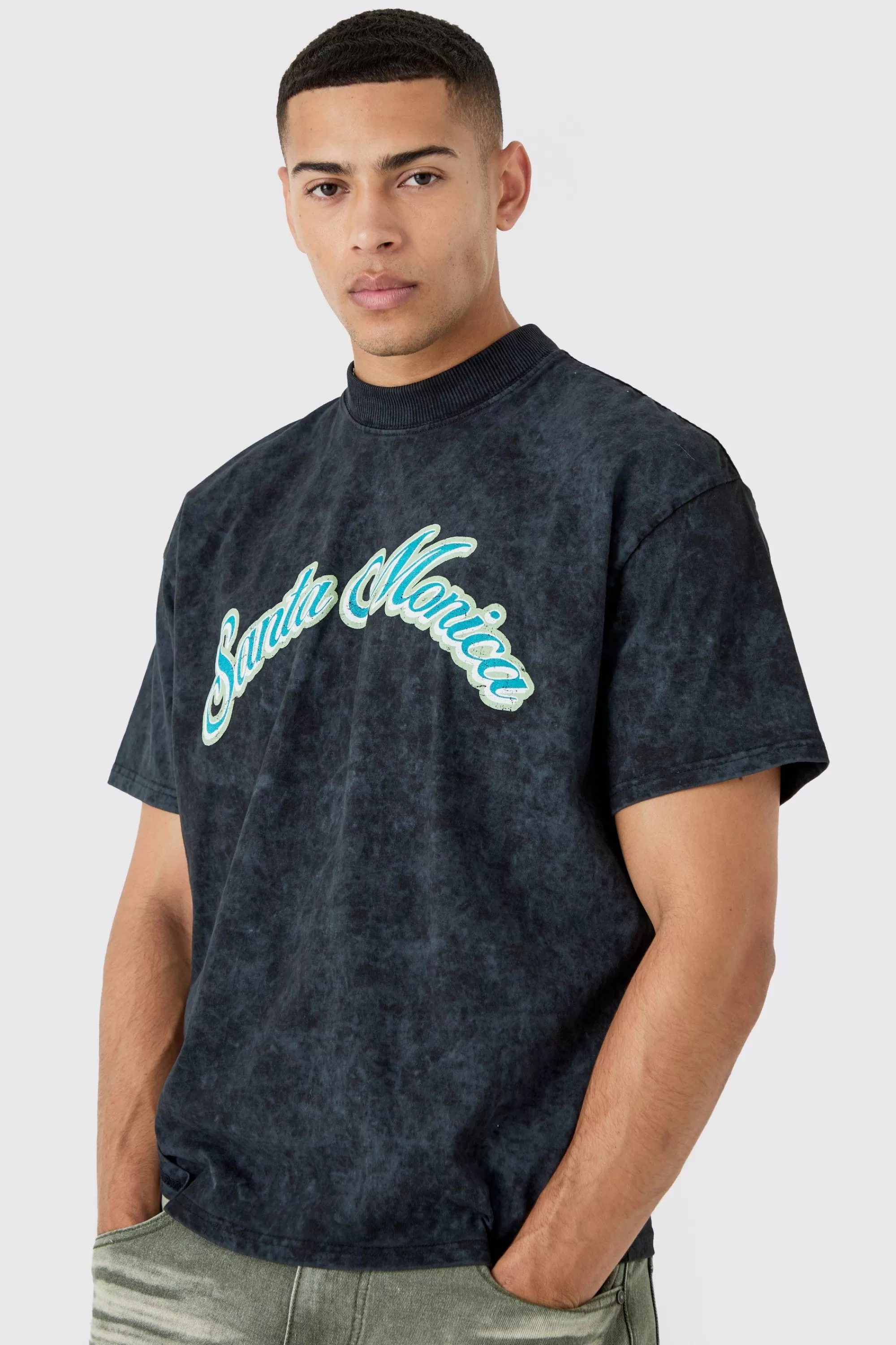 boohooMAN Boxy Extended Neck Santa Monica Acid Wash T-shirt | UK black Flash Sale
