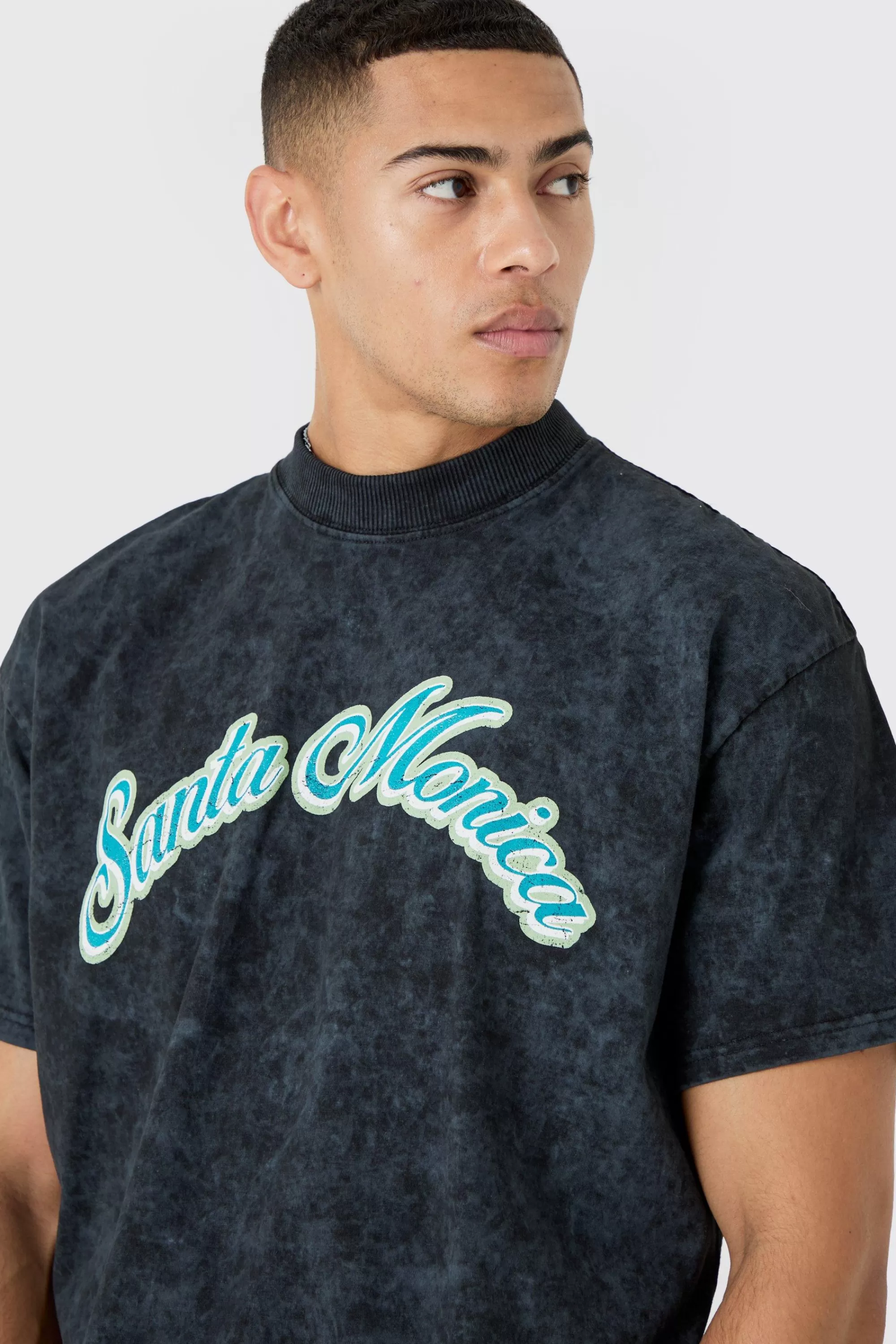 boohooMAN Boxy Extended Neck Santa Monica Acid Wash T-shirt | UK black Flash Sale
