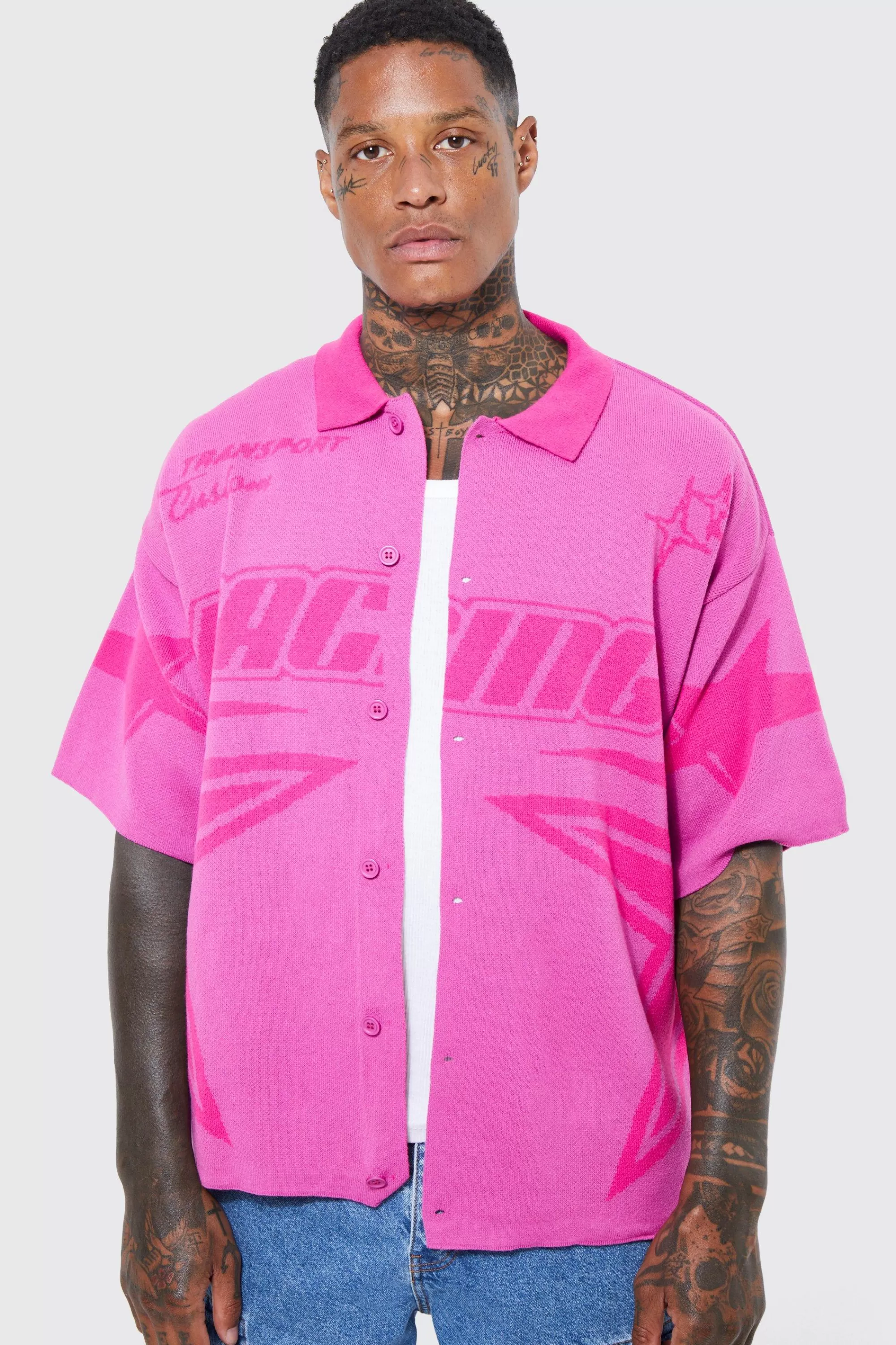 boohooMAN Boxy Fit Knitted Moto Shirt | UK pink Fashion