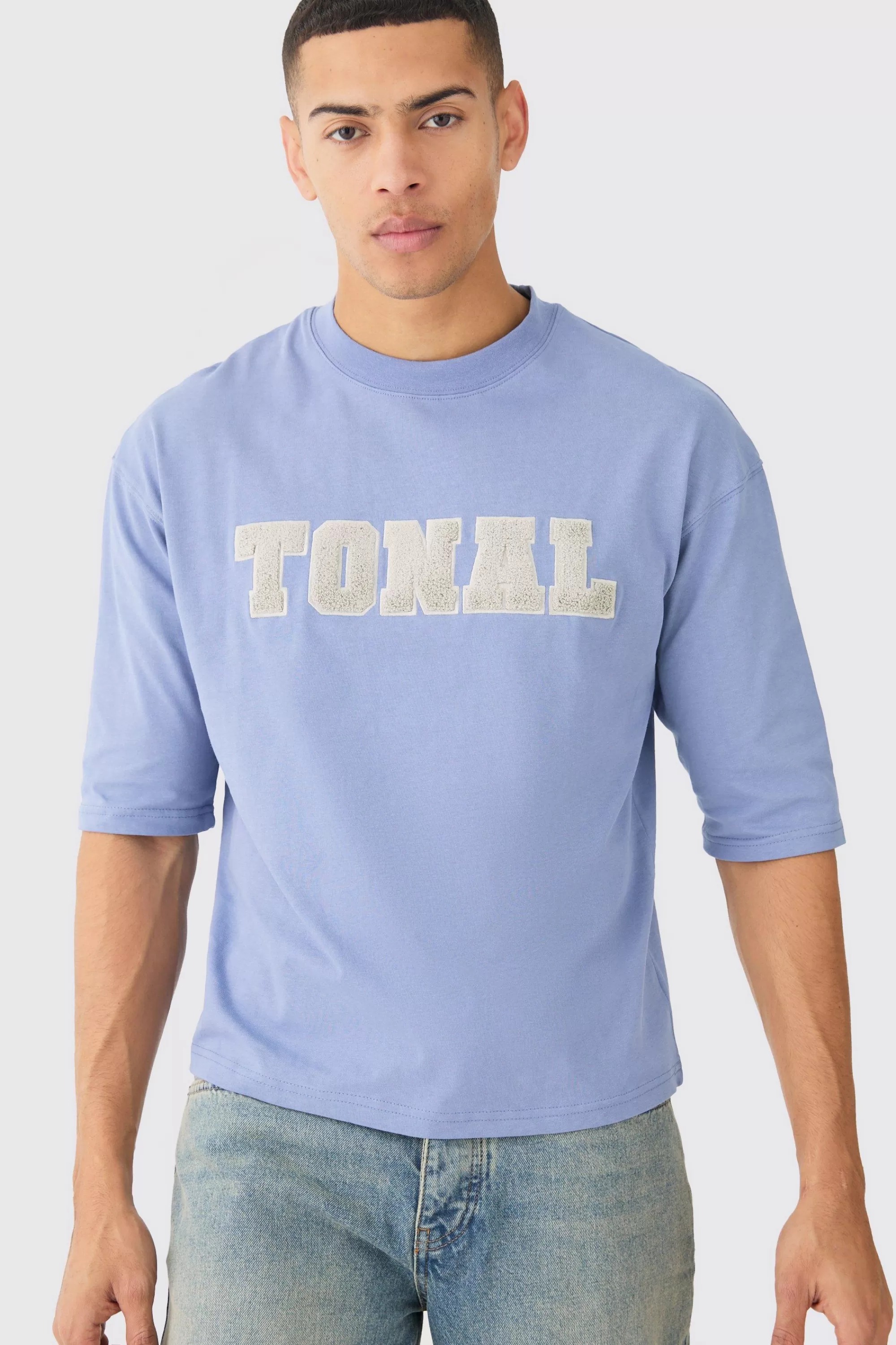 boohooMAN Boxy Half Sleeve Borg Applique T-shirt | UK slate blue Discount