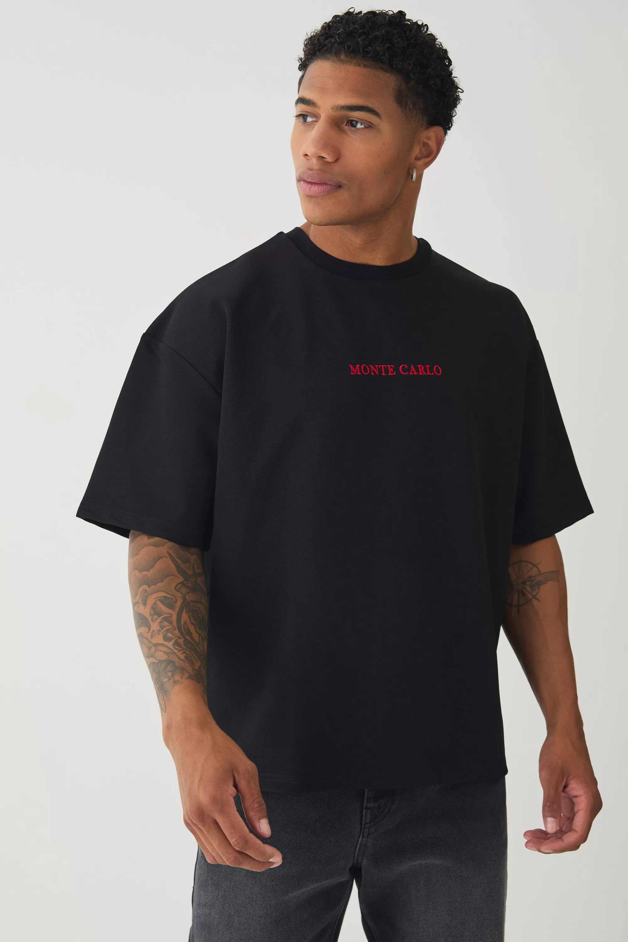 boohooMAN Boxy Jersey Twill Monaco Print T-shirt | UK black Cheap