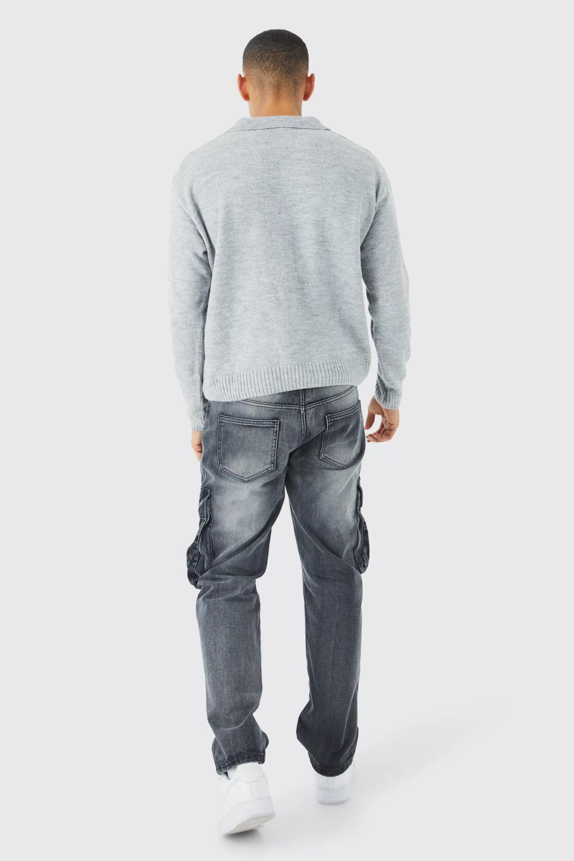 boohooMAN Boxy Long Sleeve Knitted Revere Polo | UK grey marl Outlet