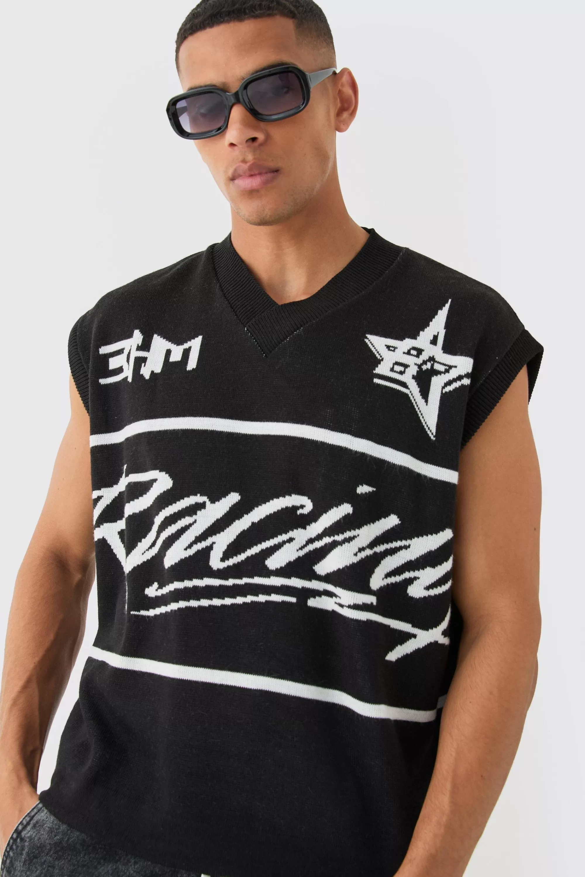 boohooMAN Boxy Oversized Moto V Neck Vest | UK black Cheap