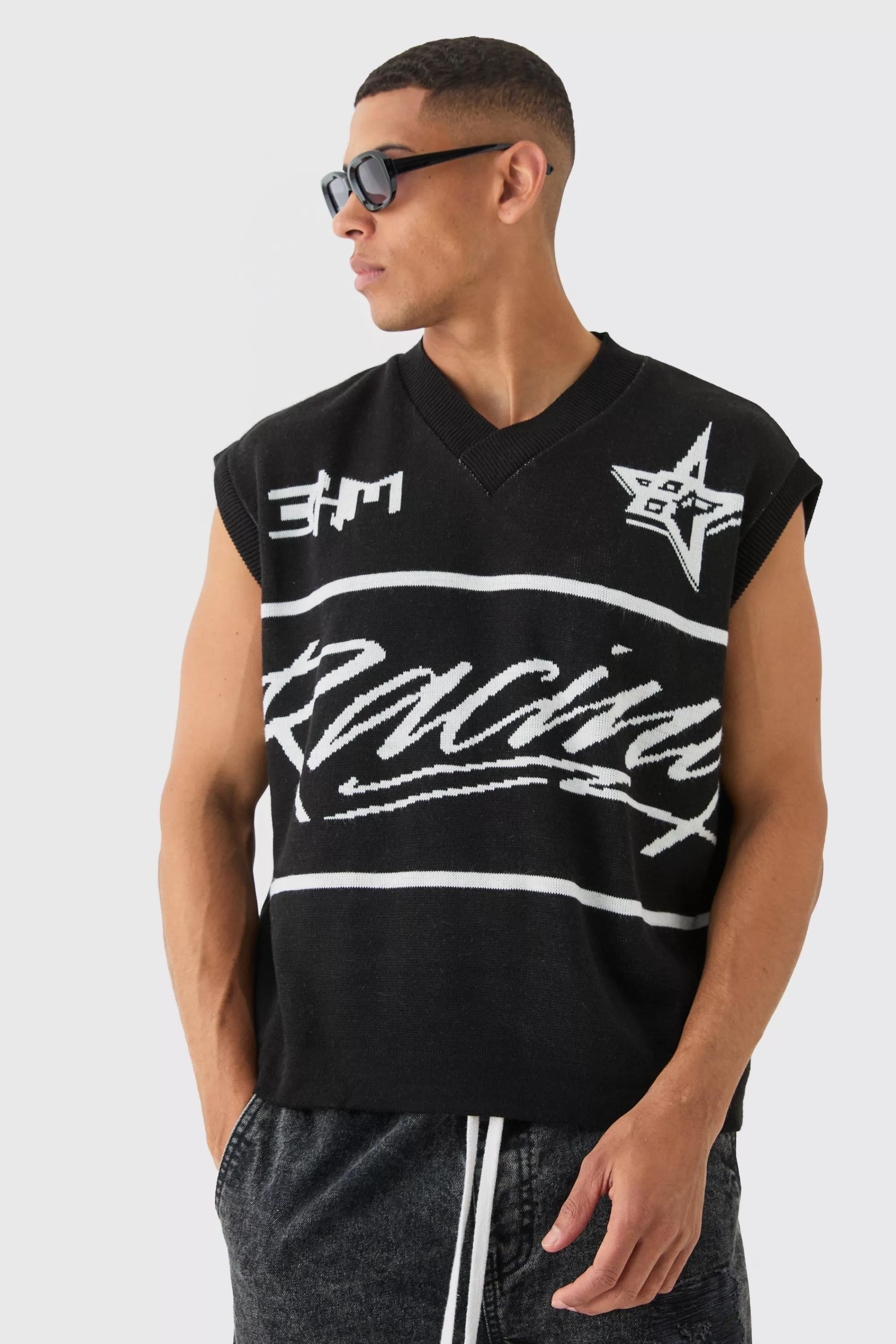 boohooMAN Boxy Oversized Moto V Neck Vest | UK black Cheap