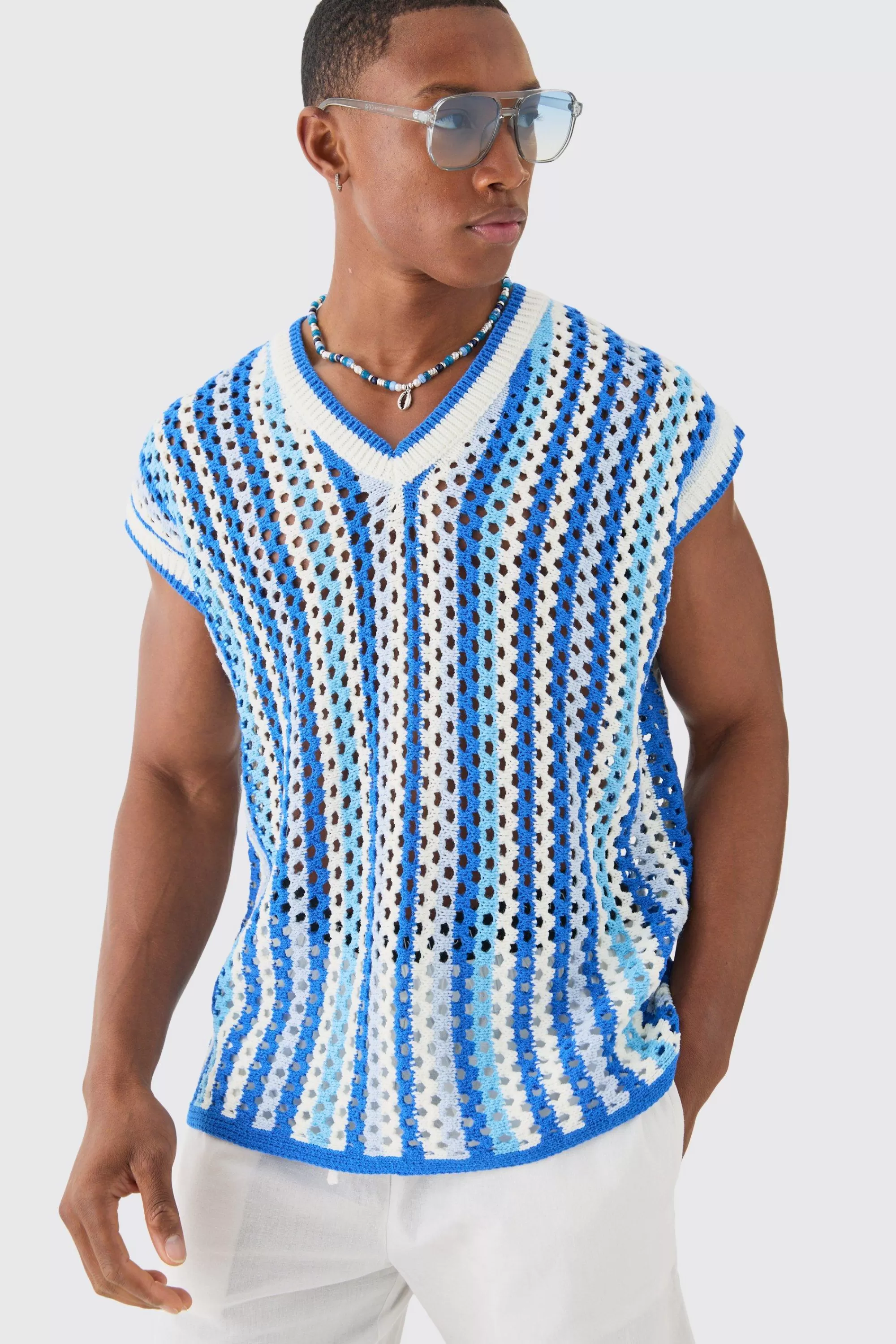 boohooMAN Boxy Oversized Open Stitch V Neck Stripe Sweater Vest | UK white Best Sale
