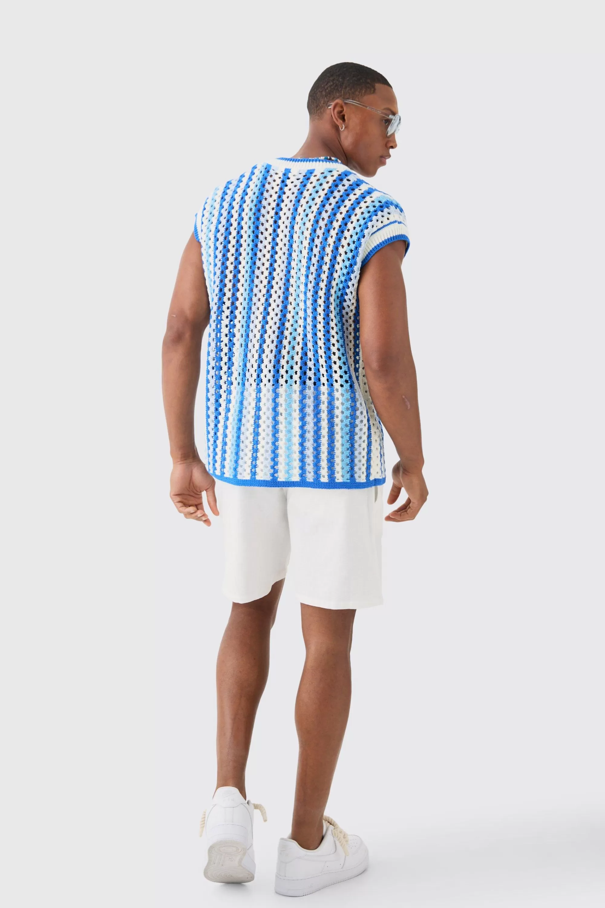 boohooMAN Boxy Oversized Open Stitch V Neck Stripe Sweater Vest | UK white Best Sale