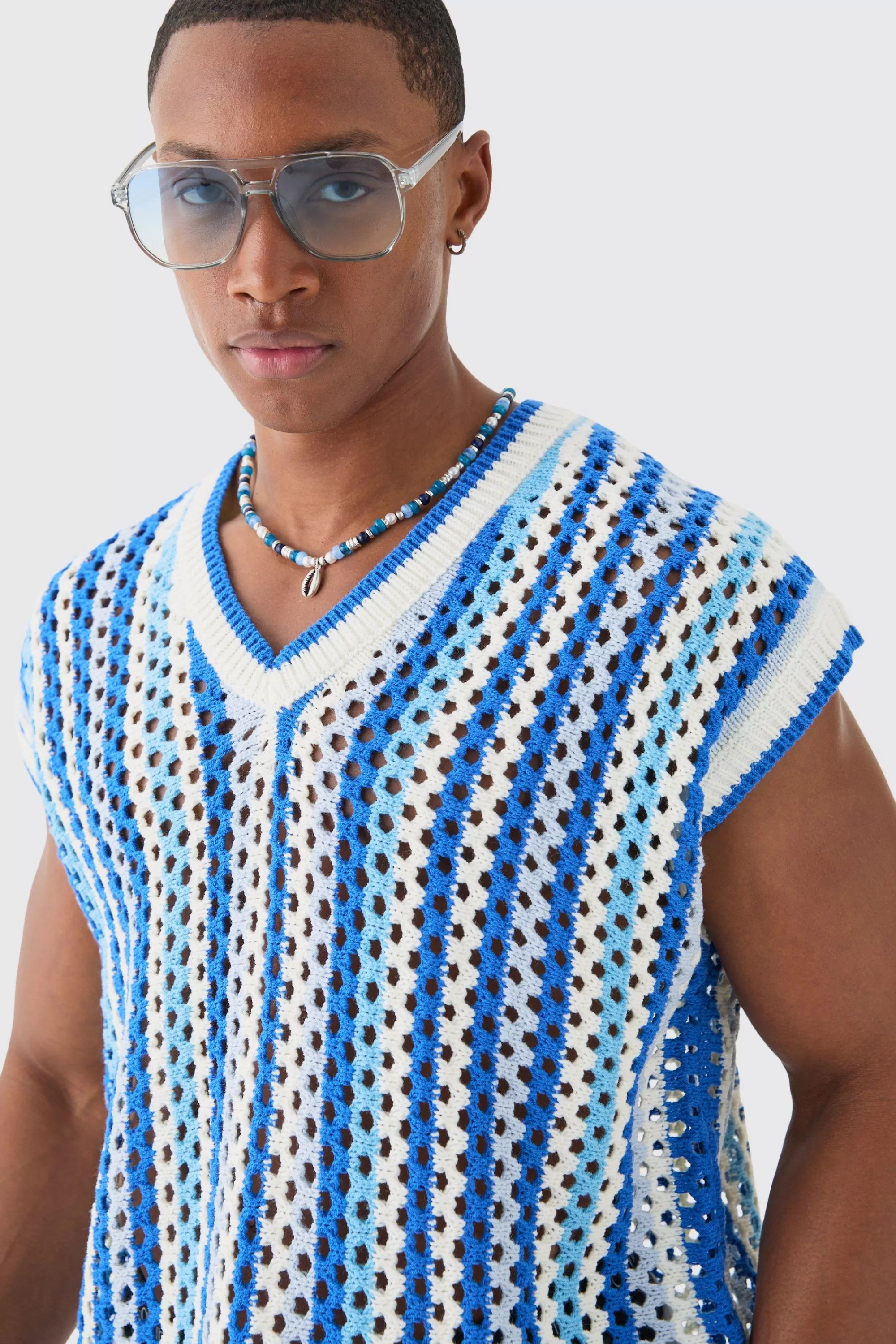 boohooMAN Boxy Oversized Open Stitch V Neck Stripe Sweater Vest | UK white Best Sale