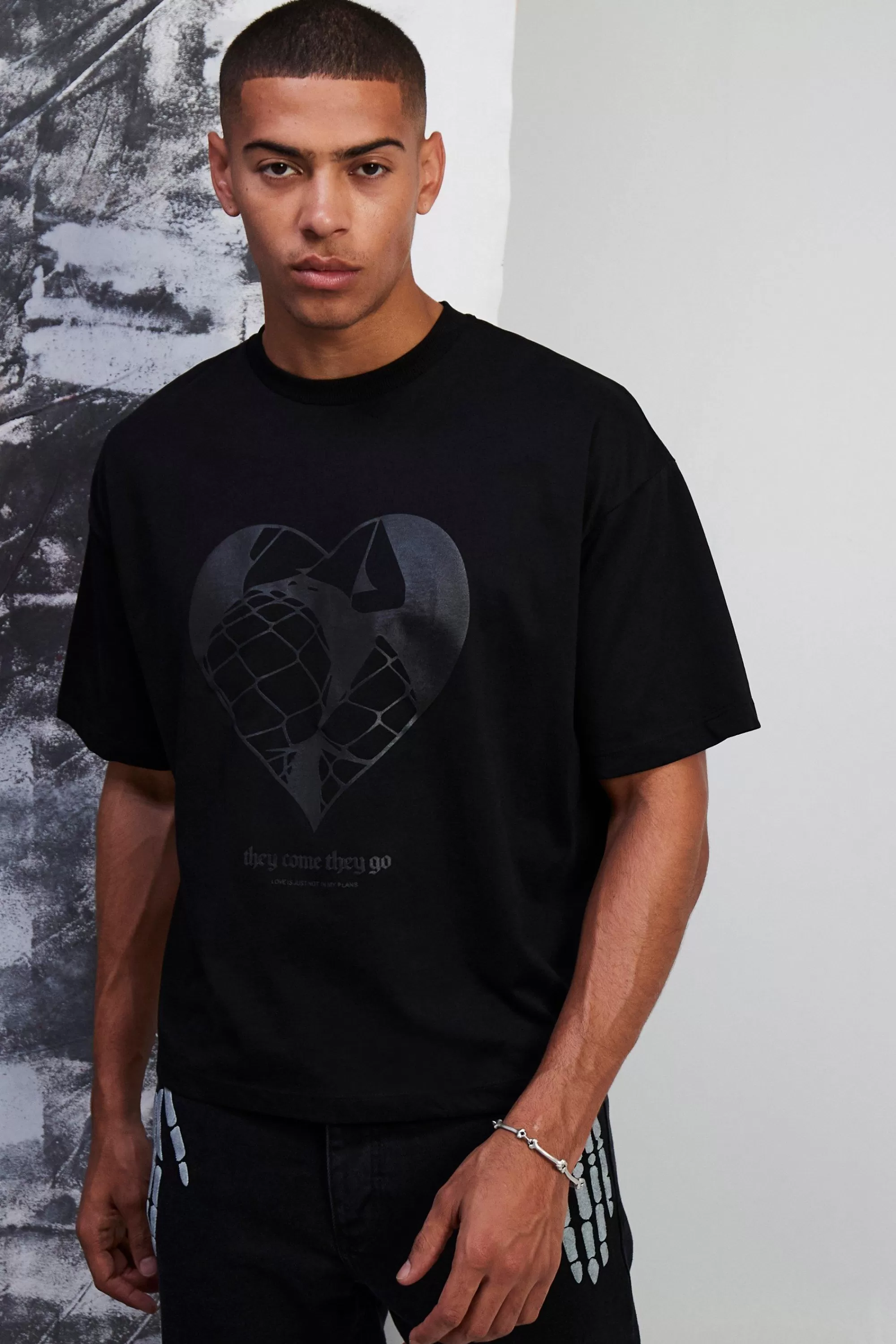 boohooMAN Boxy Oversized Premium Silicone Print T-shirt | UK black Shop