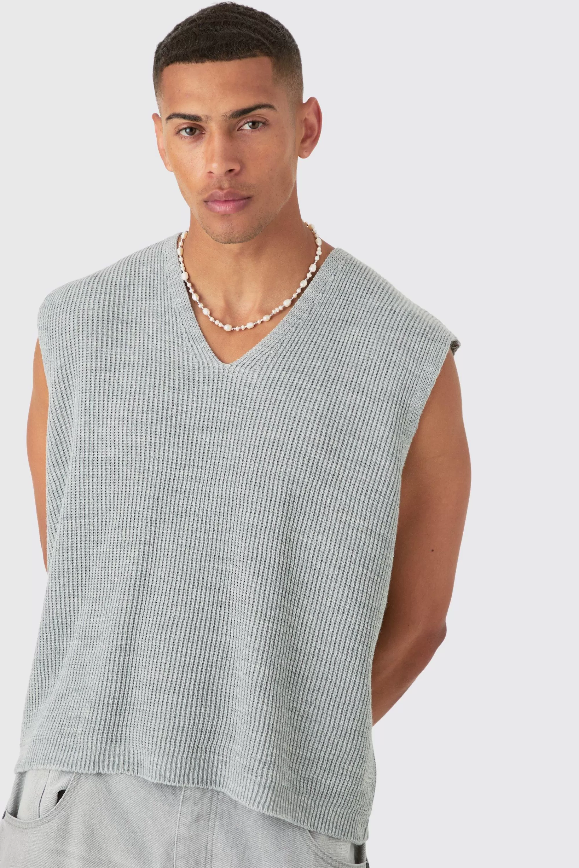 boohooMAN Boxy Ribbed V Neck Sweater Vest | UK light grey Online