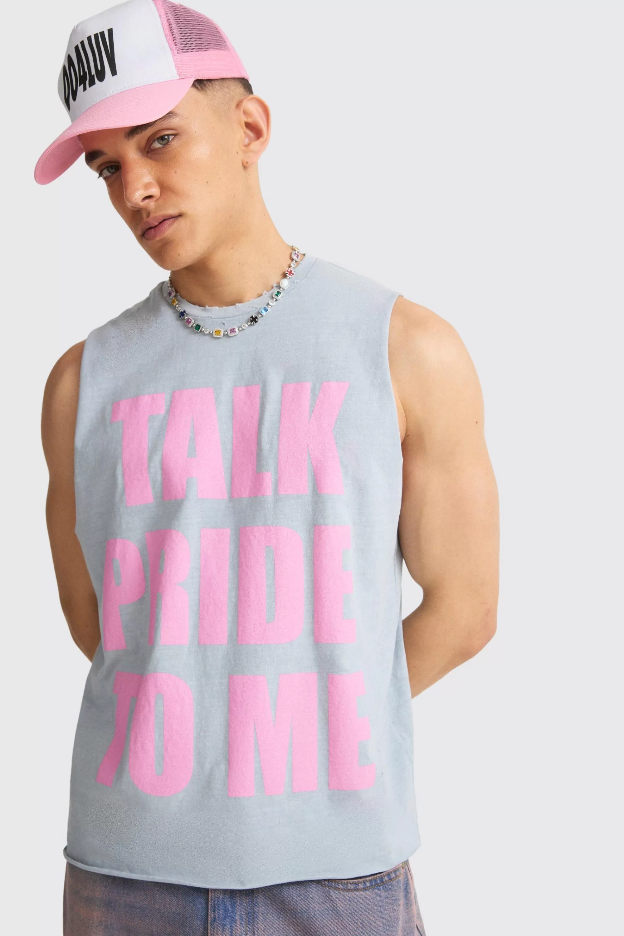 boohooMAN Boxy Talk Pride To Me Distressed Tank | UK charcoal Shop