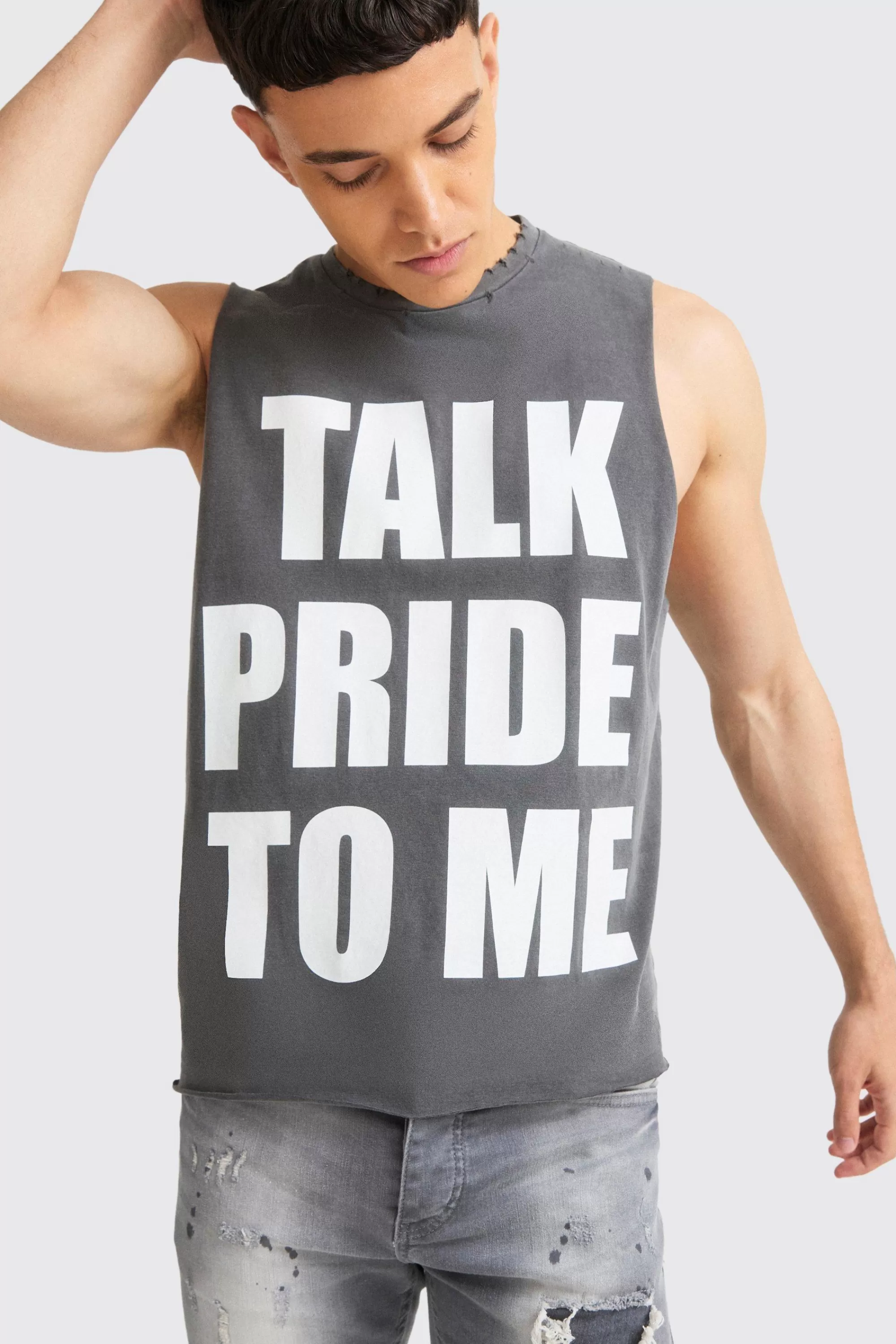 boohooMAN Boxy Talk Pride To Me Distressed Tank | UK black Outlet