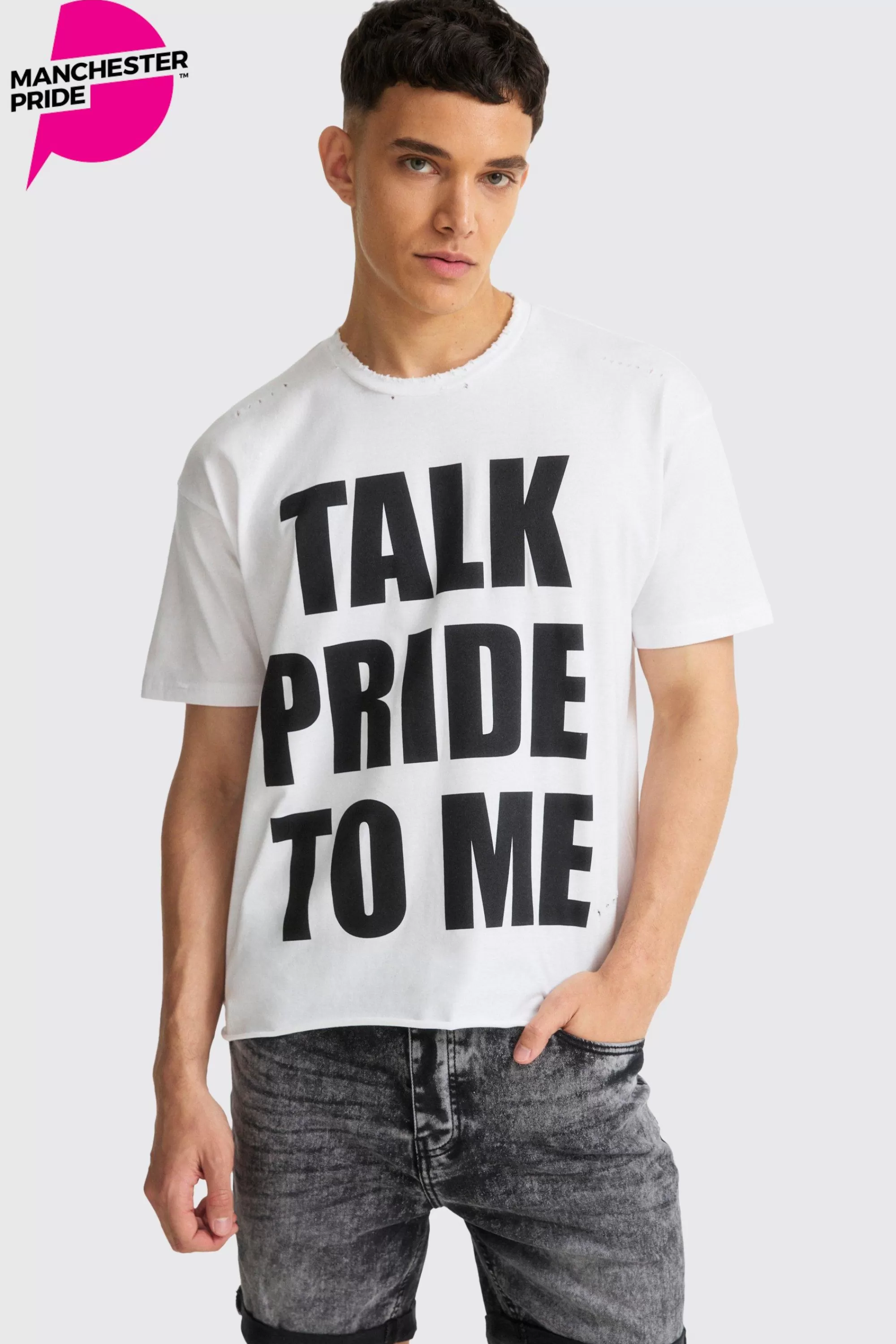 boohooMAN Boxy Talk Pride To Me Distressed T-shirt | UK white Shop