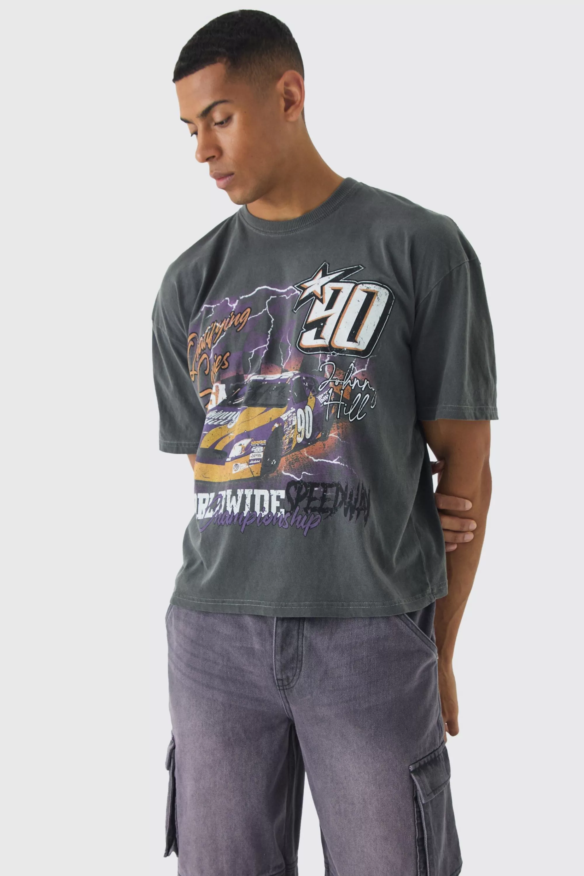 boohooMAN Boxy Washed Racing Car T-shirt | UK charcoal Online