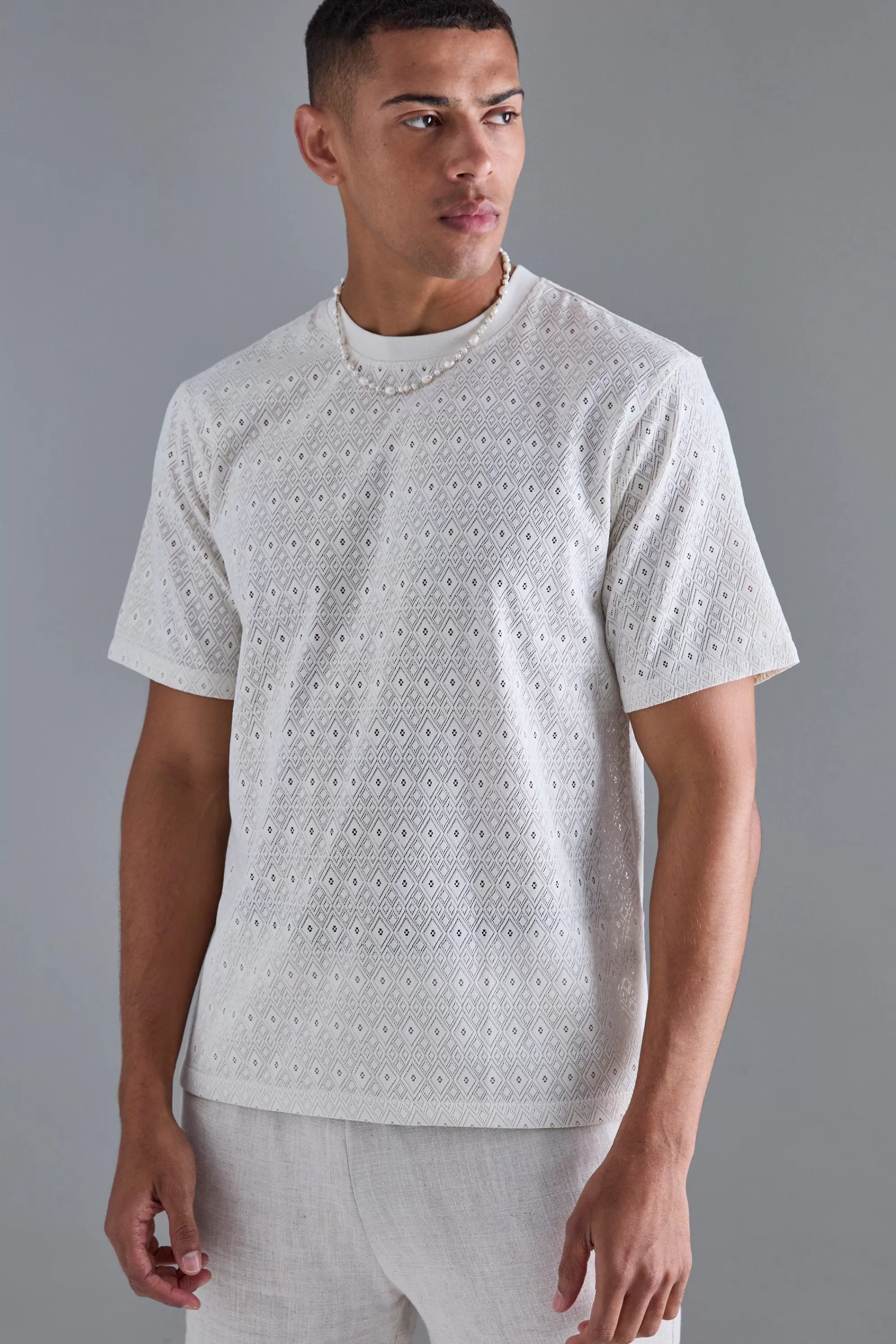 boohooMAN Diamond Crochet T-shirt | UK ecru Online