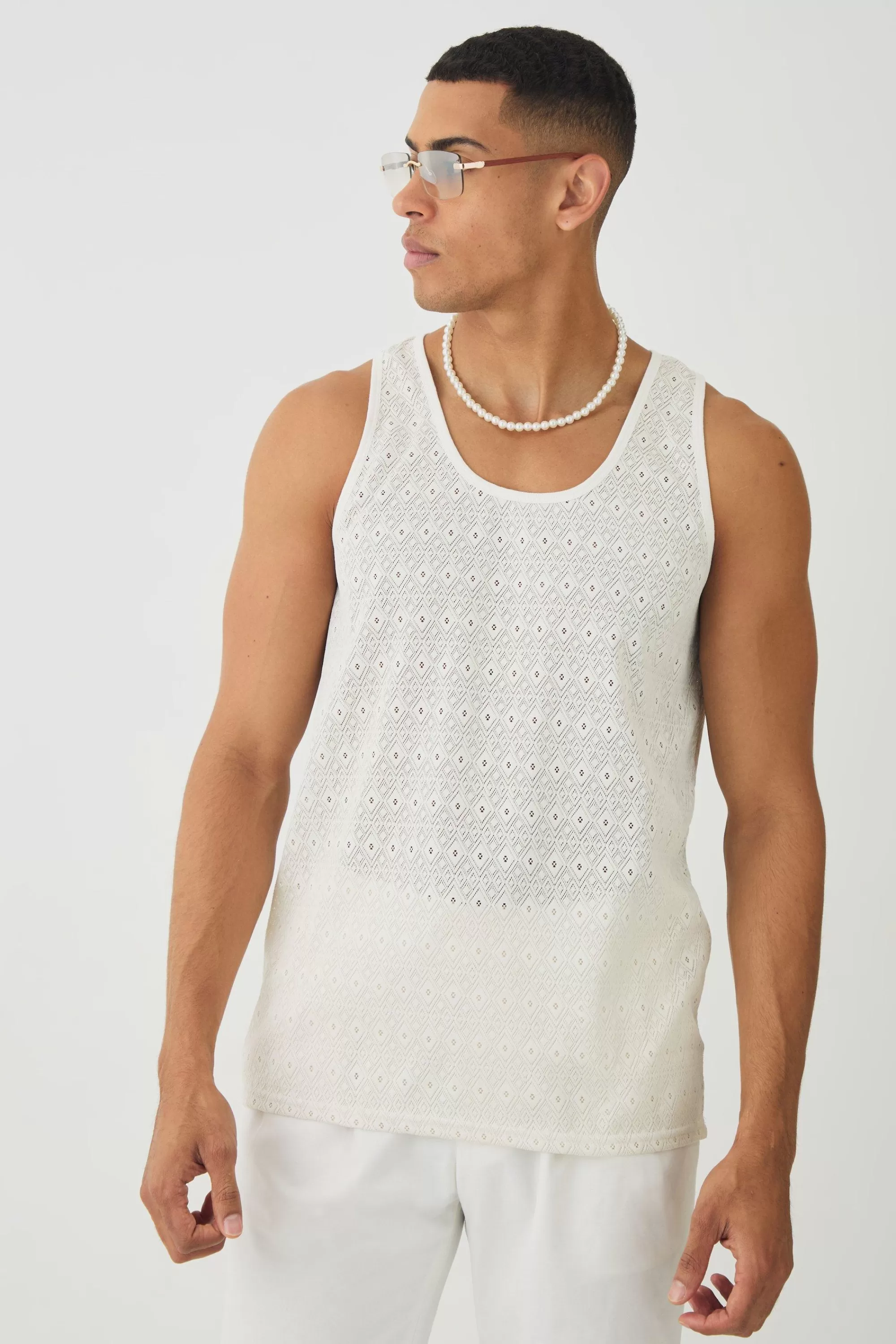 boohooMAN Diamond Crochet Vest | UK ecru Cheap