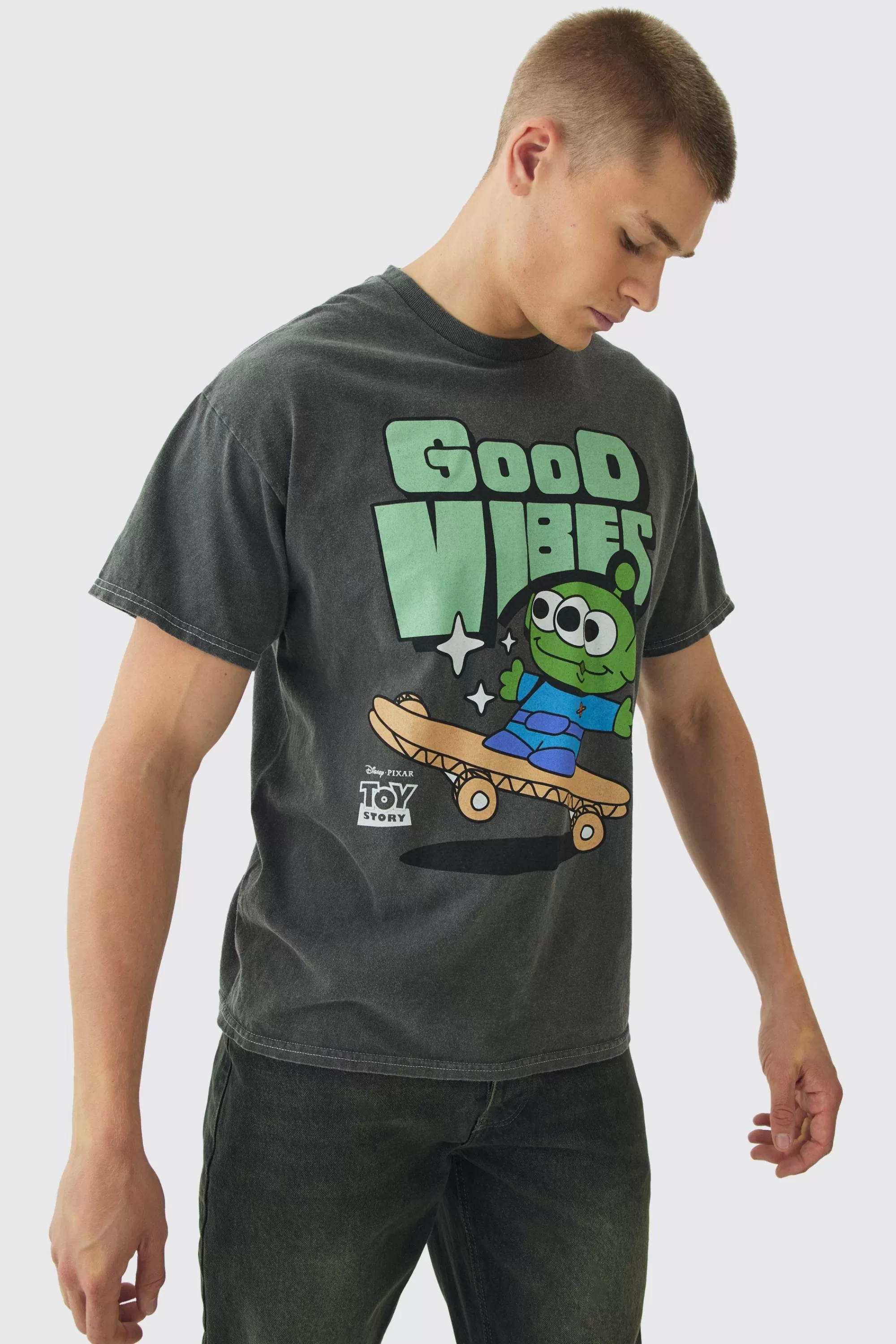 boohooMAN Disney Toy Story Alien Wash License Print T-Shirt | UK charcoal Store