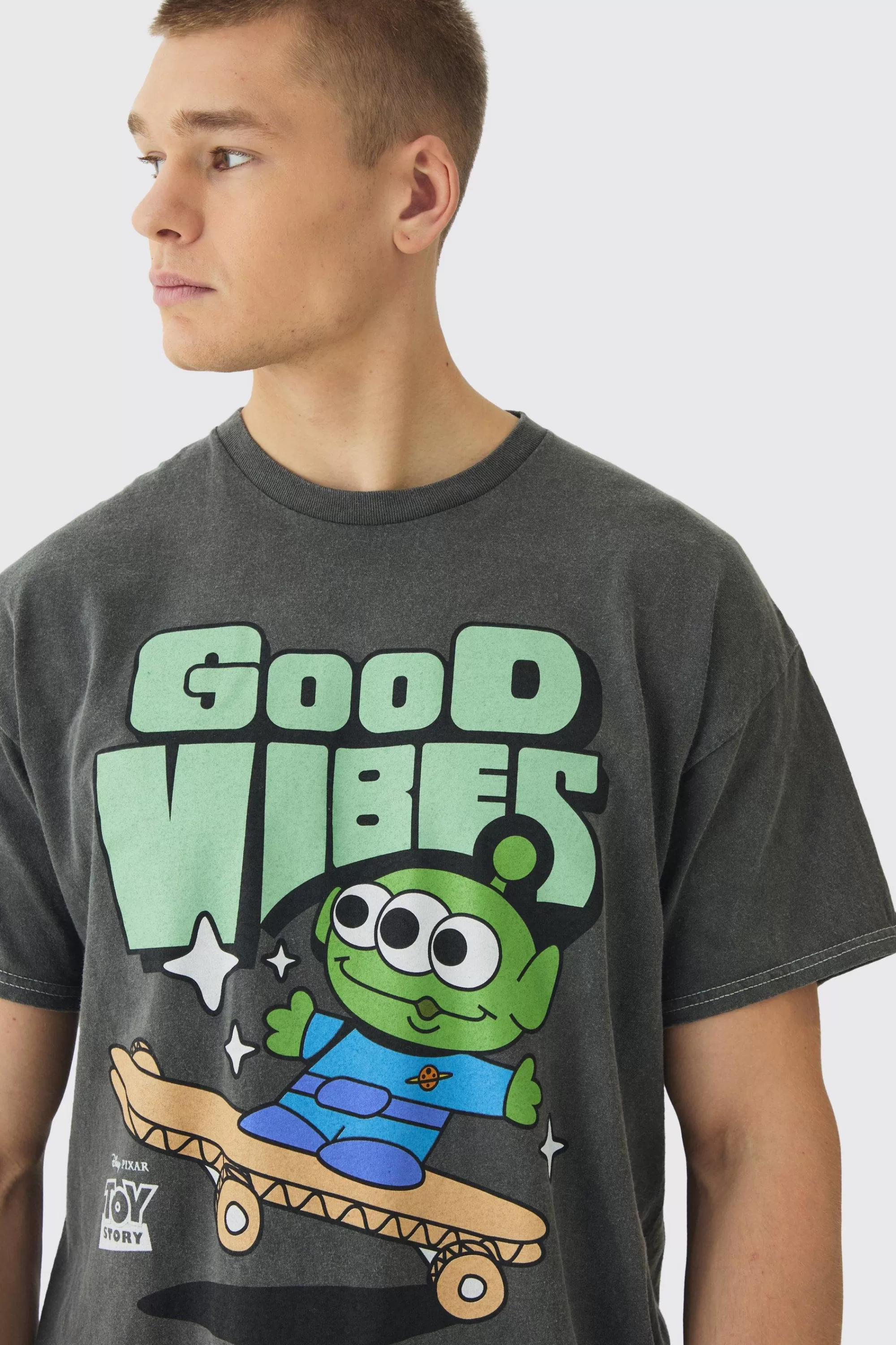 boohooMAN Disney Toy Story Alien Wash License Print T-Shirt | UK charcoal Store