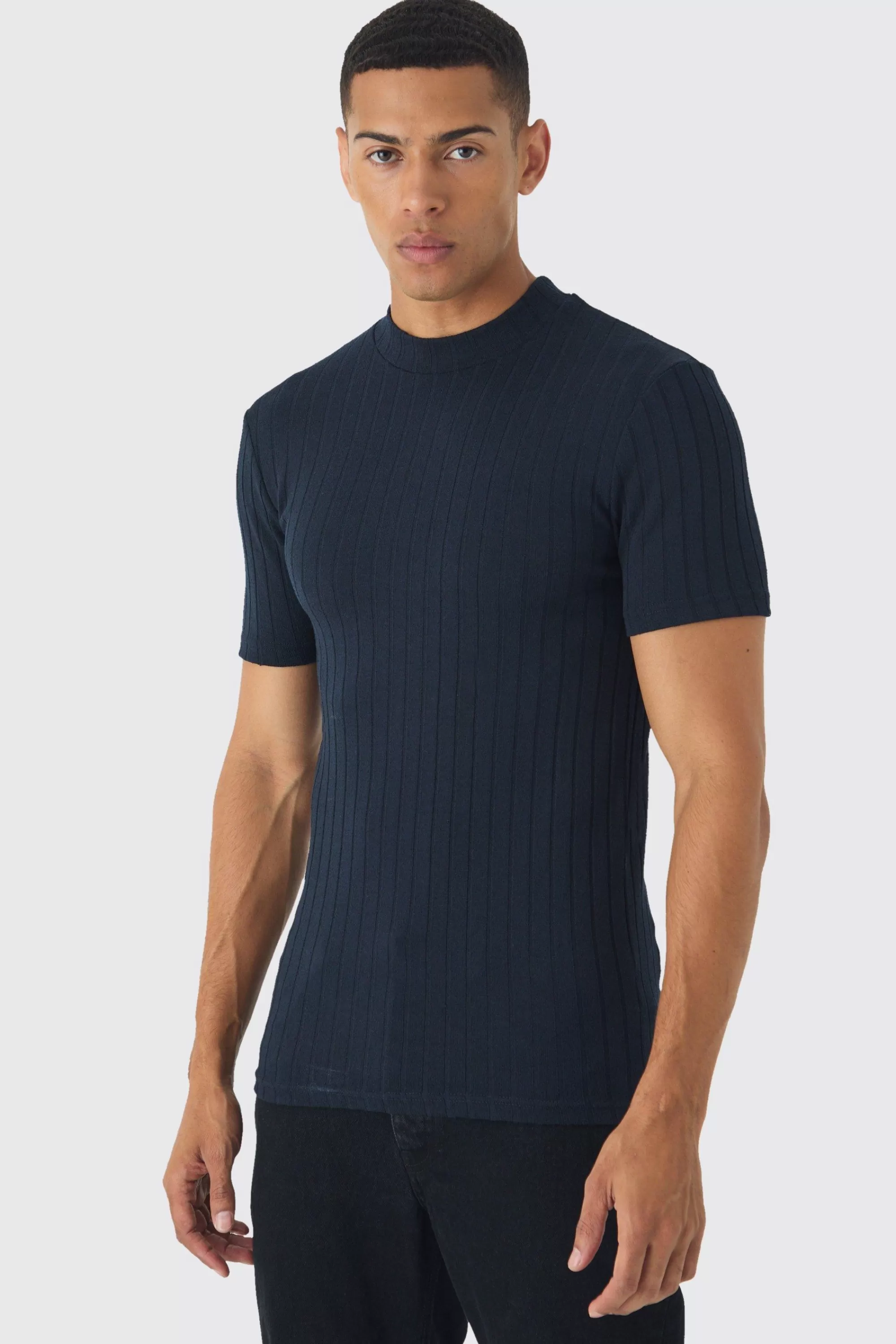 boohooMAN Extended Neck Chunky Rib Athlete T Shirt | UK navy Hot