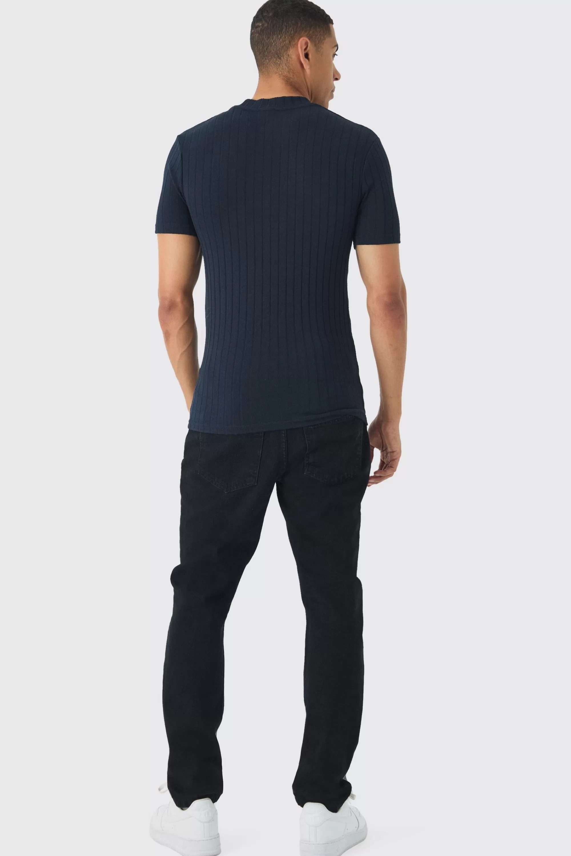 boohooMAN Extended Neck Chunky Rib Athlete T Shirt | UK navy Hot