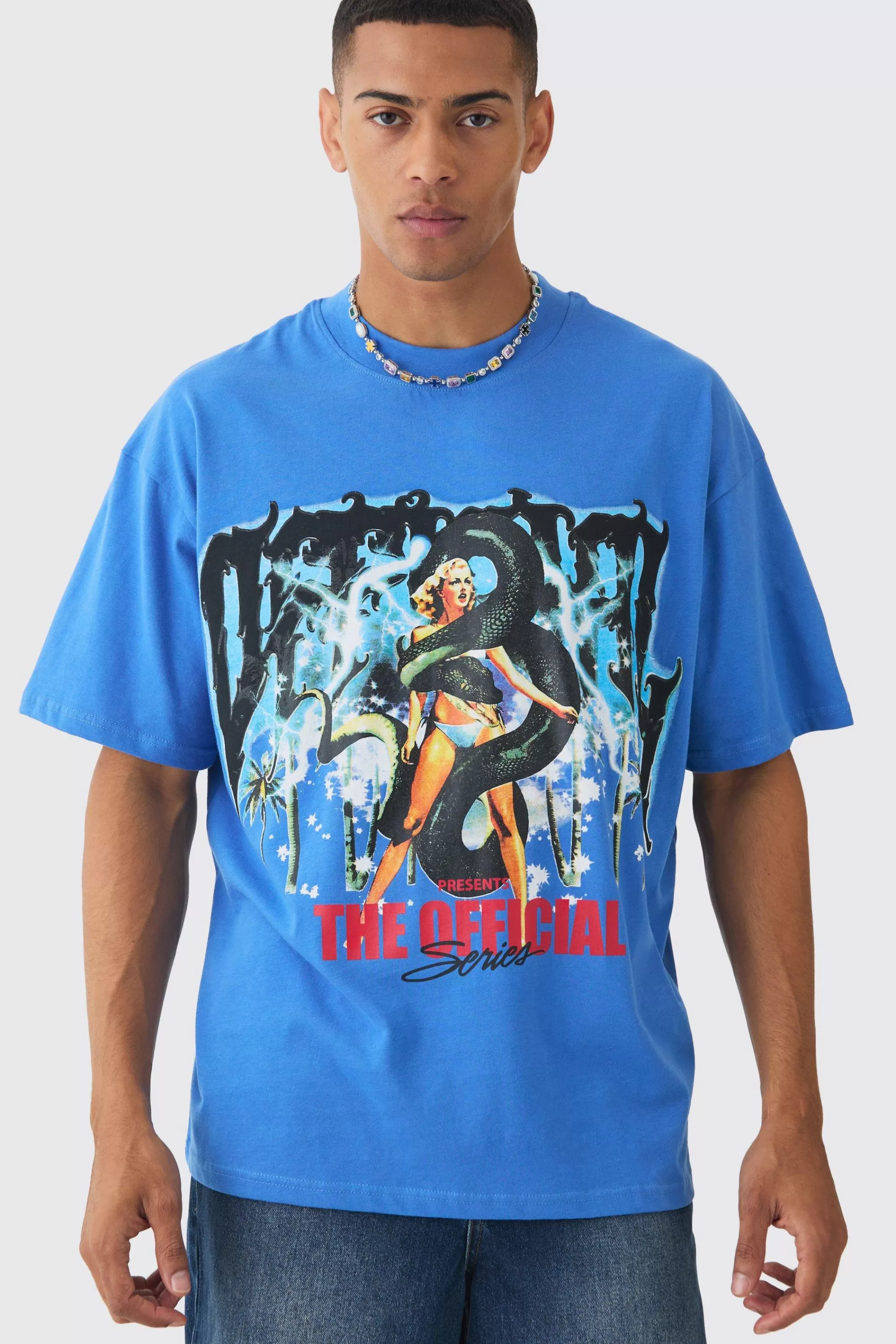 boohooMAN Extended Neck Official Print T-shirt | UK blue Best