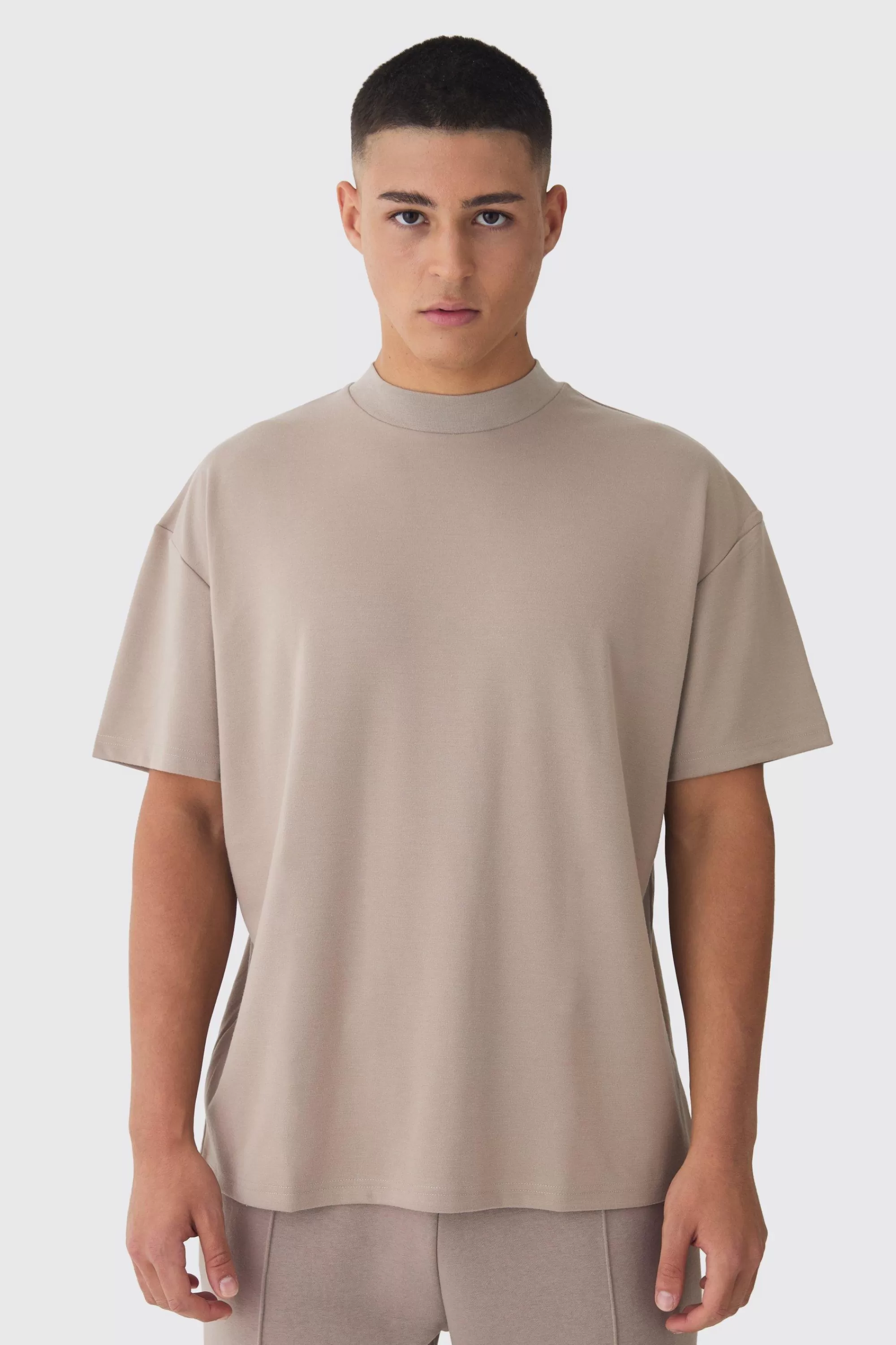 boohooMAN Extended Neck Oversized Super Heavy Premium T-shirt | UK stone Best