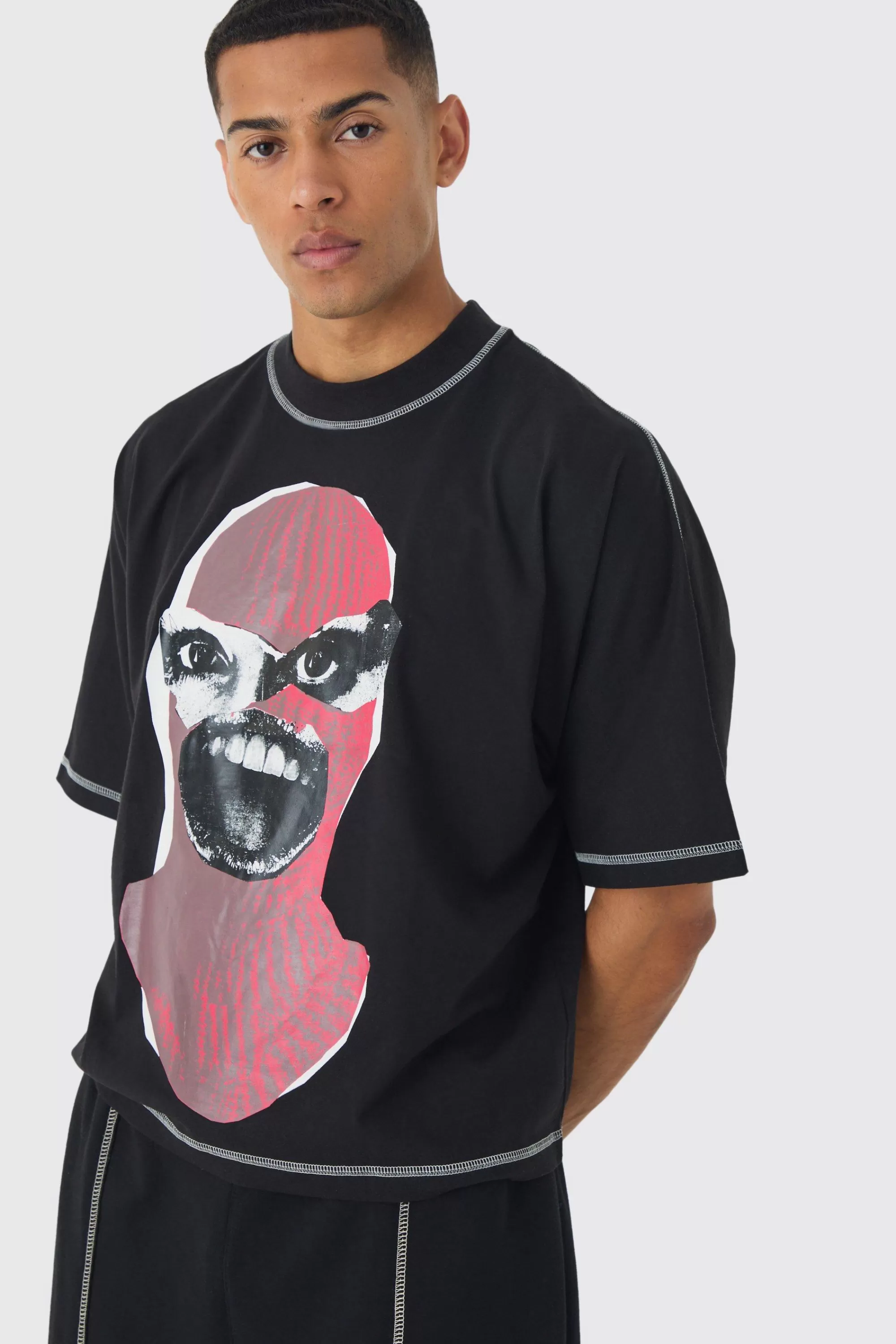 boohooMAN Extreme Heavyweight Oversized Boxy Heavyweight Contrast Stitch T-Shirt | UK black Outlet