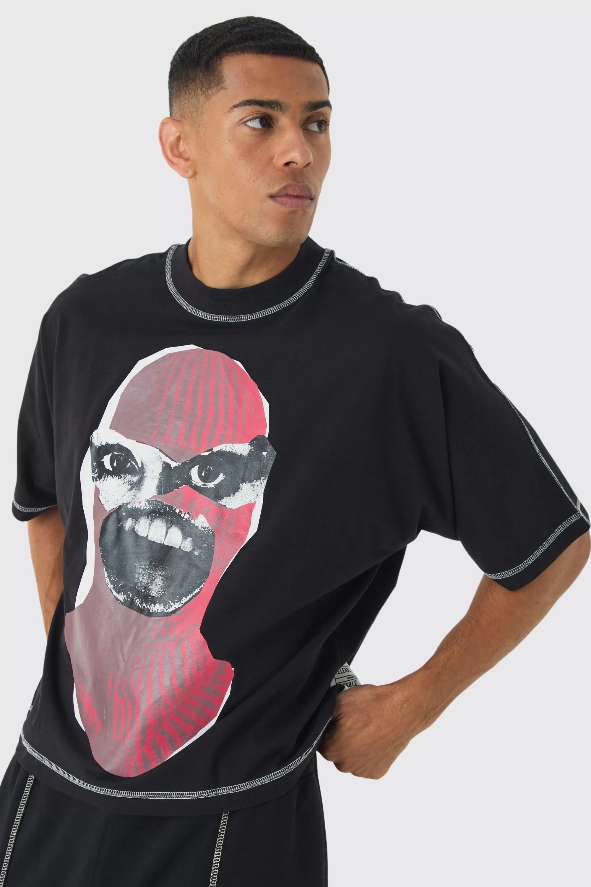 boohooMAN Extreme Heavyweight Oversized Boxy Heavyweight Contrast Stitch T-Shirt | UK black Outlet