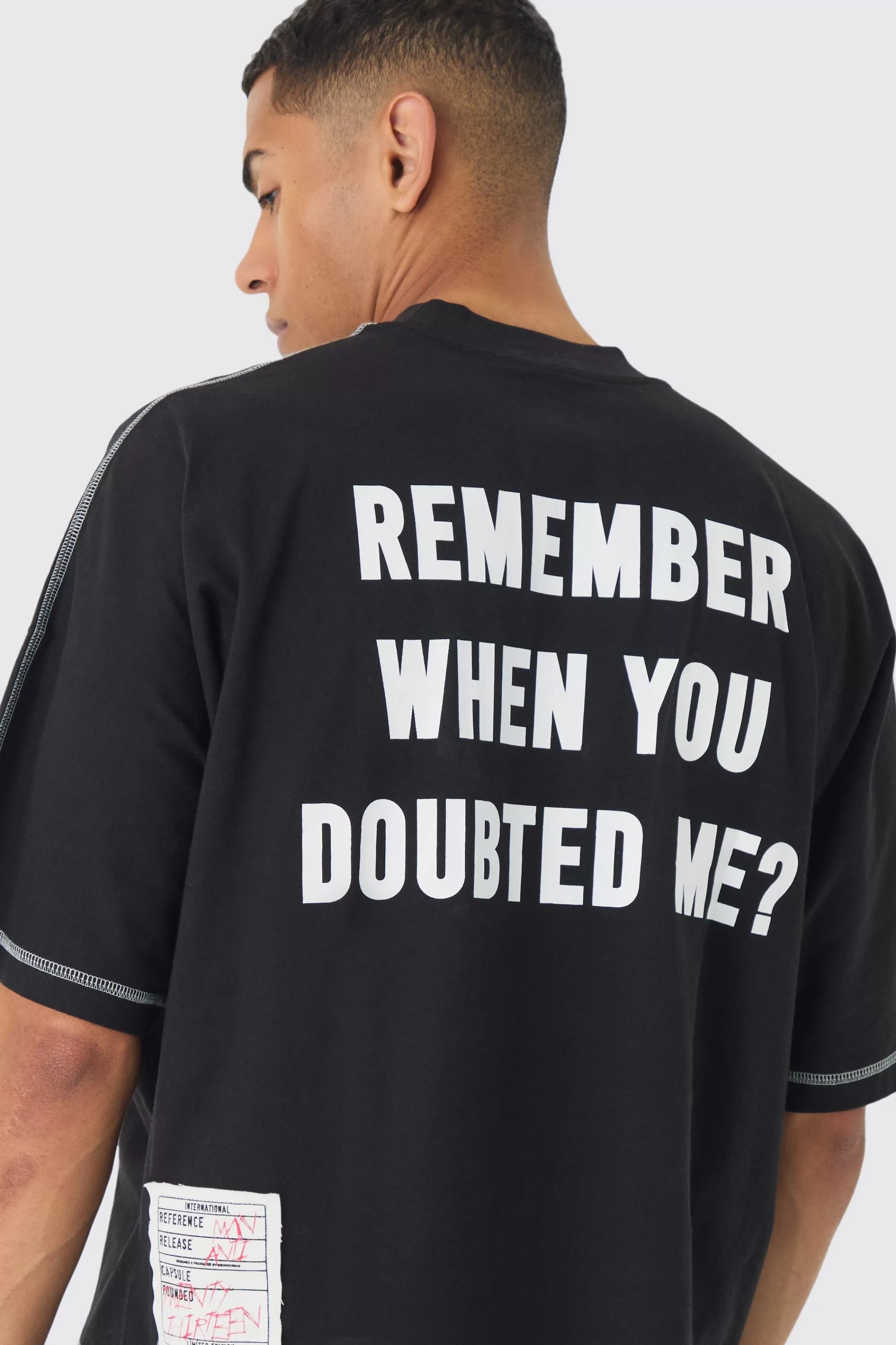 boohooMAN Extreme Heavyweight Oversized Boxy Heavyweight Contrast Stitch T-Shirt | UK black Outlet