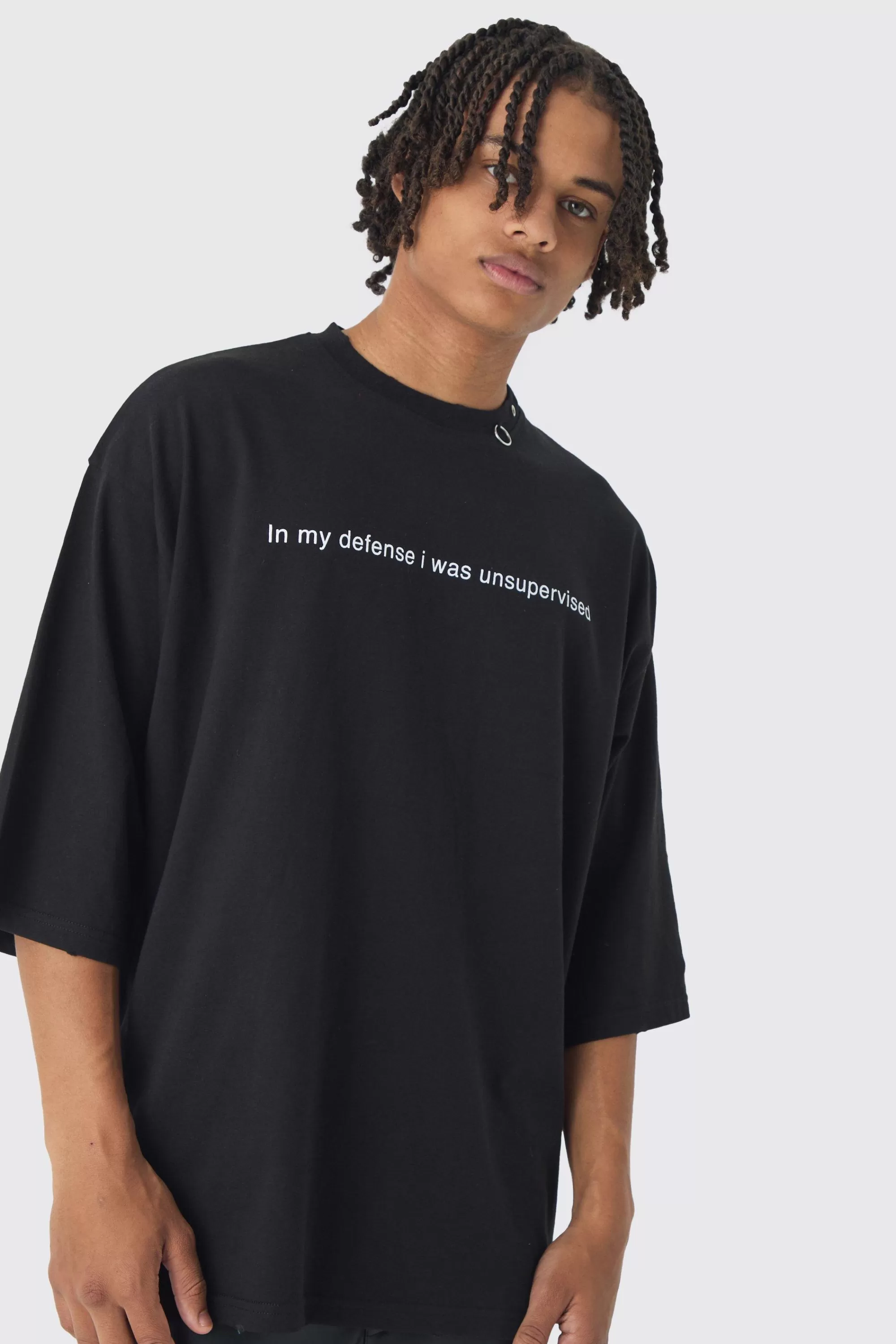 boohooMAN Extreme Heavyweight Oversized Metal Trim Slogan T-Shirt | UK black Best