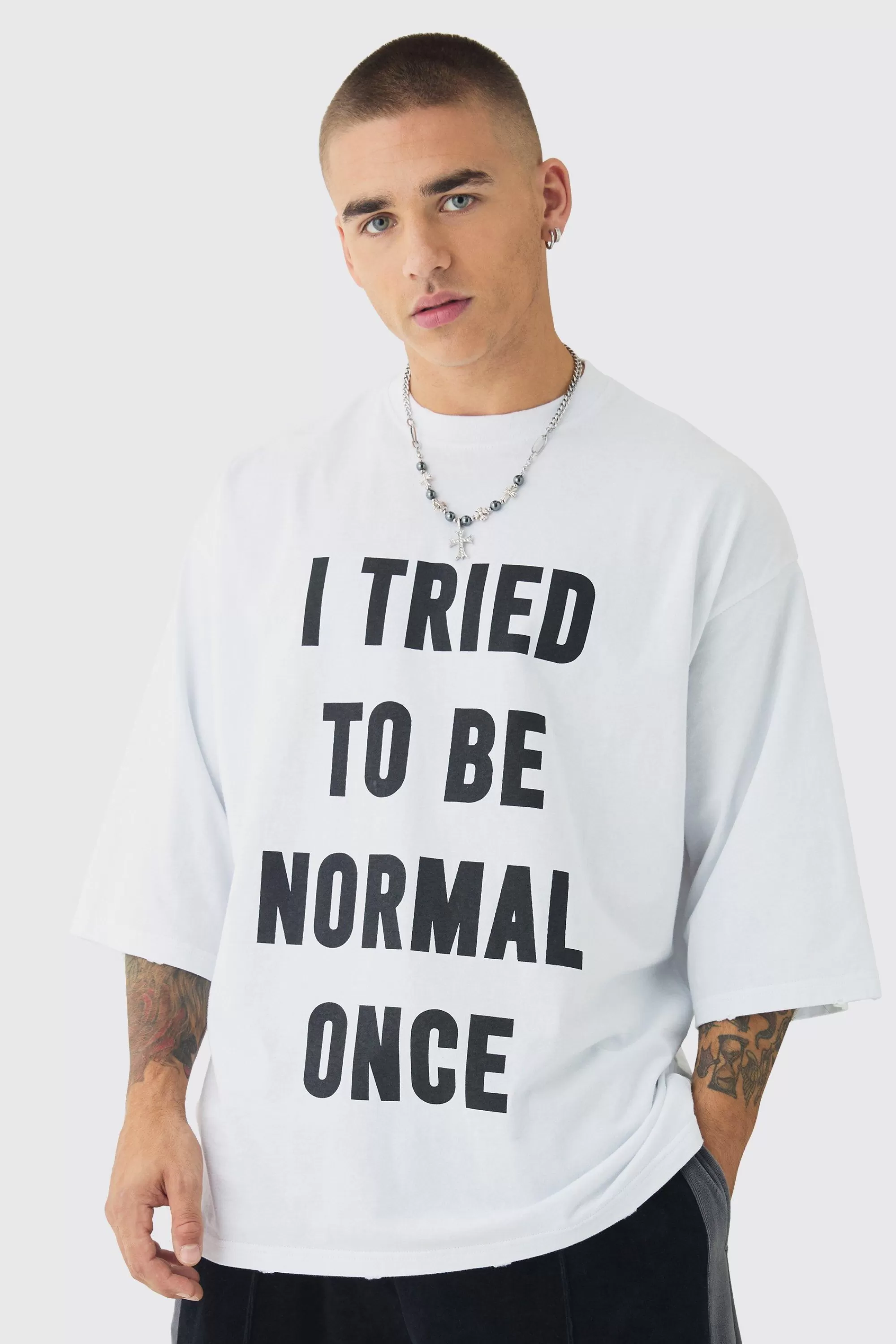 boohooMAN Extreme Heavyweight Oversized Slogan T-Shirt | UK white Flash Sale