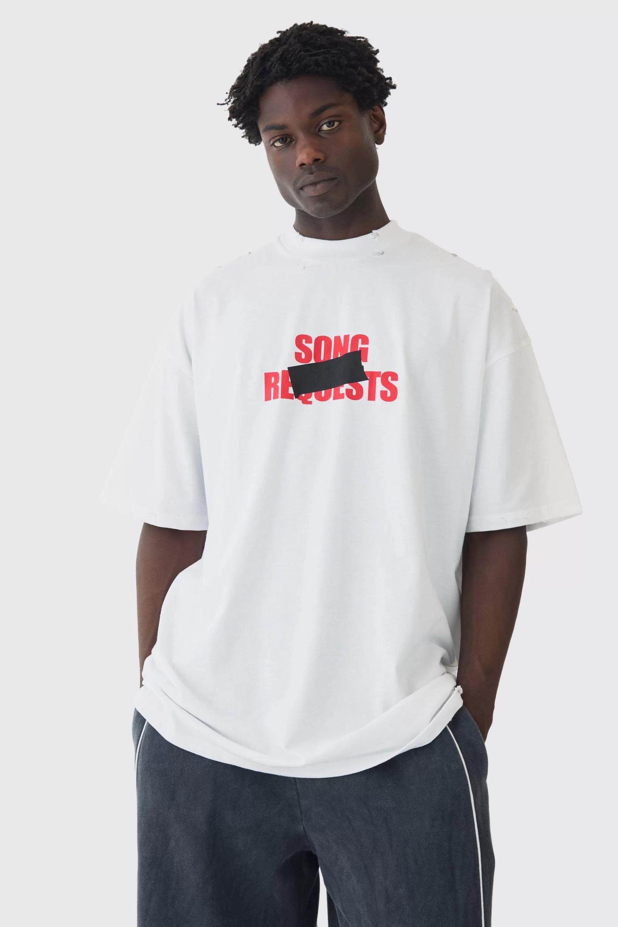 boohooMAN Extreme Oversized Heavyweight Washed Printed Distressed T-shirt | UK white Clearance