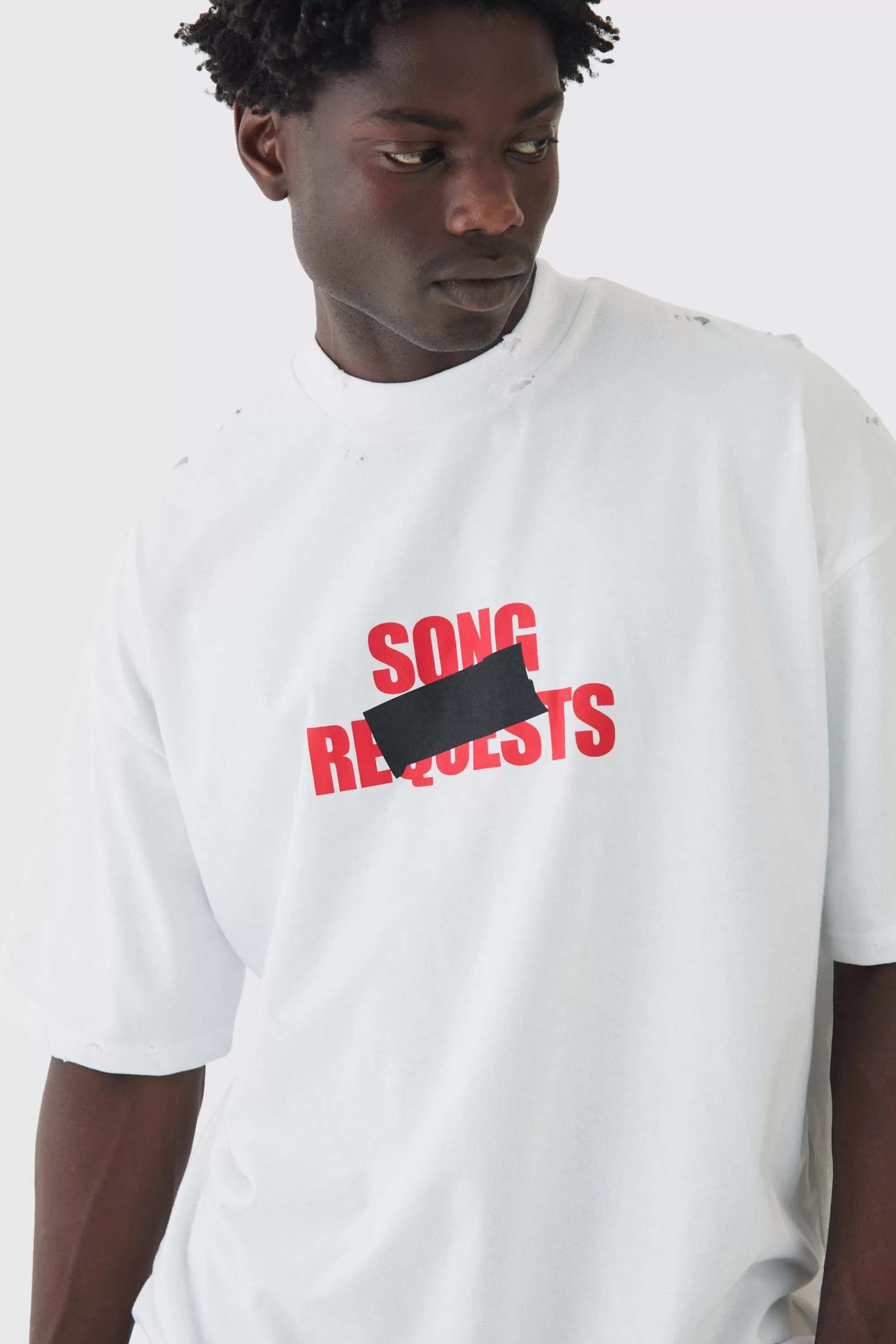 boohooMAN Extreme Oversized Heavyweight Washed Printed Distressed T-shirt | UK white Clearance