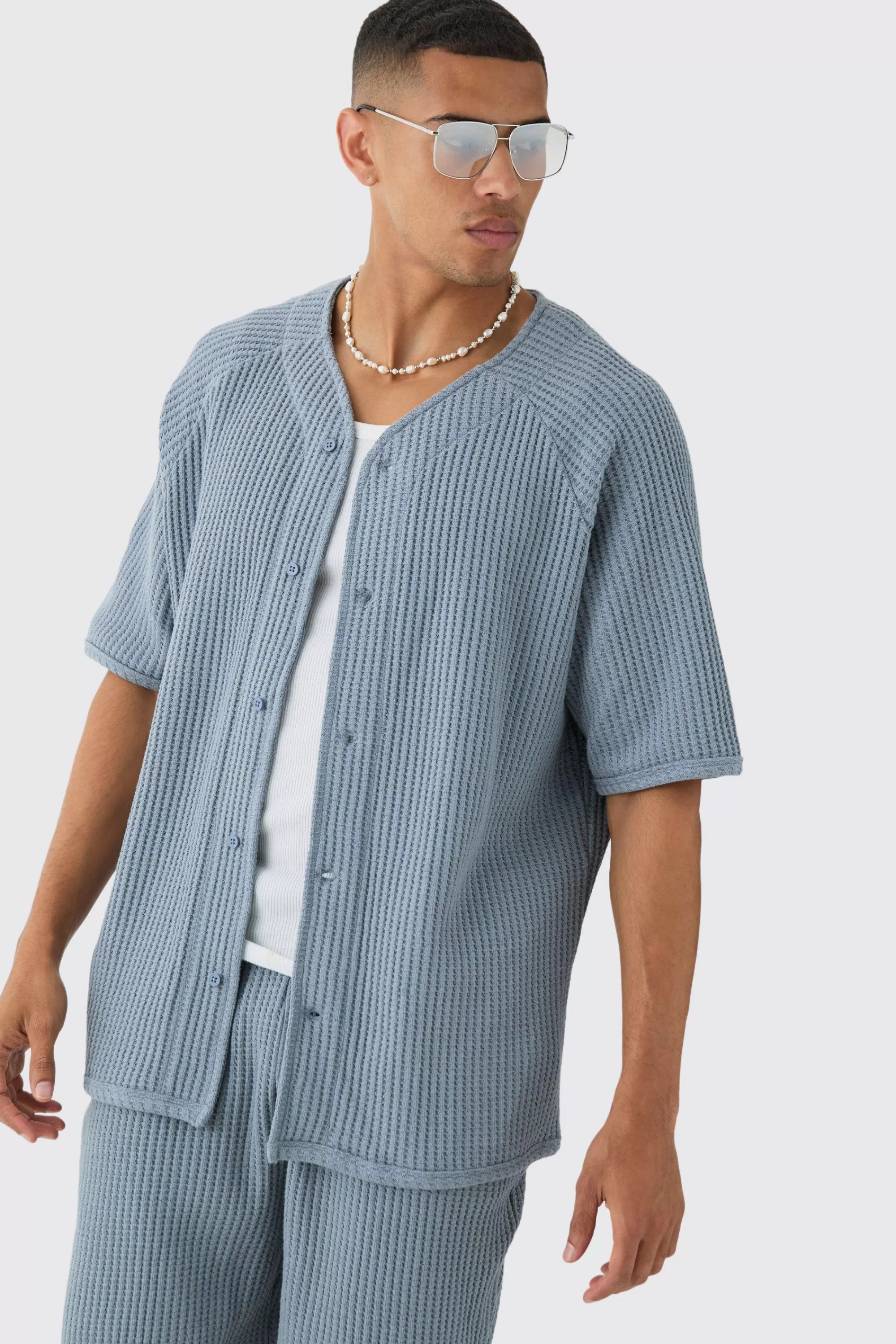 boohooMAN Heavy Jumbo Waffle Revere Baseball Shirt | UK slate blue Cheap