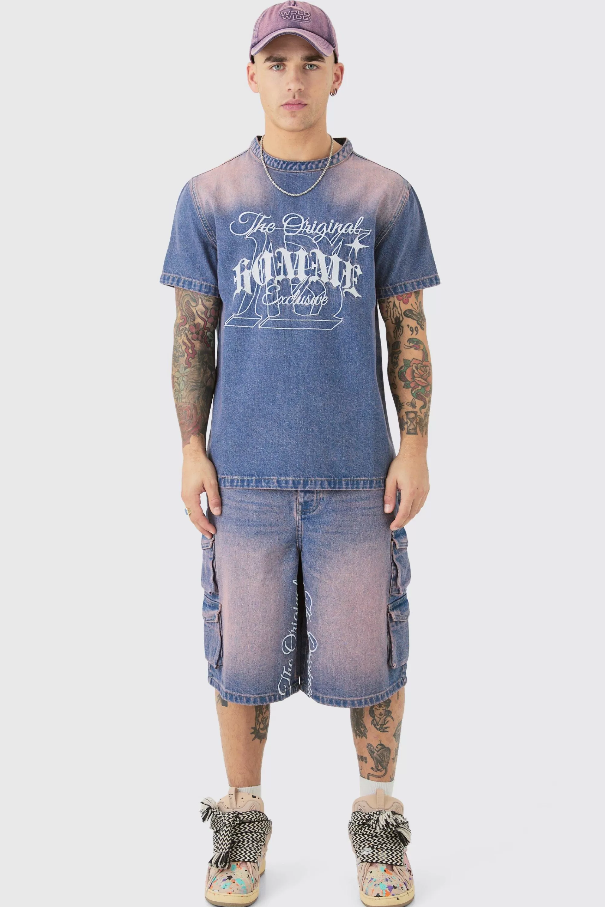 boohooMAN Homme Embroidered Short Sleeve Denim T-Shirt In | UK pink Hot