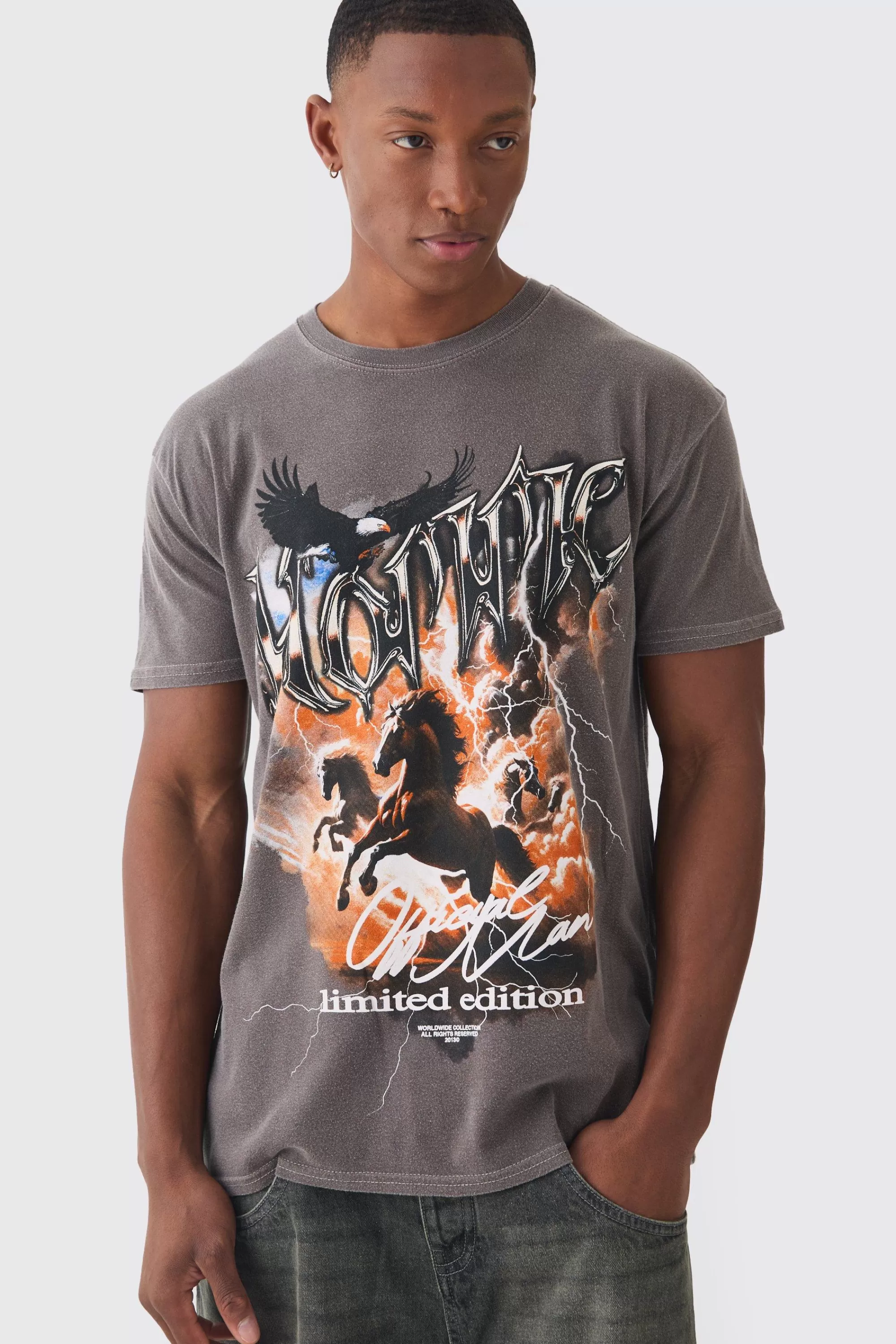 boohooMAN Homme Horse Graphic Wash T-shirt | UK chocolate Cheap