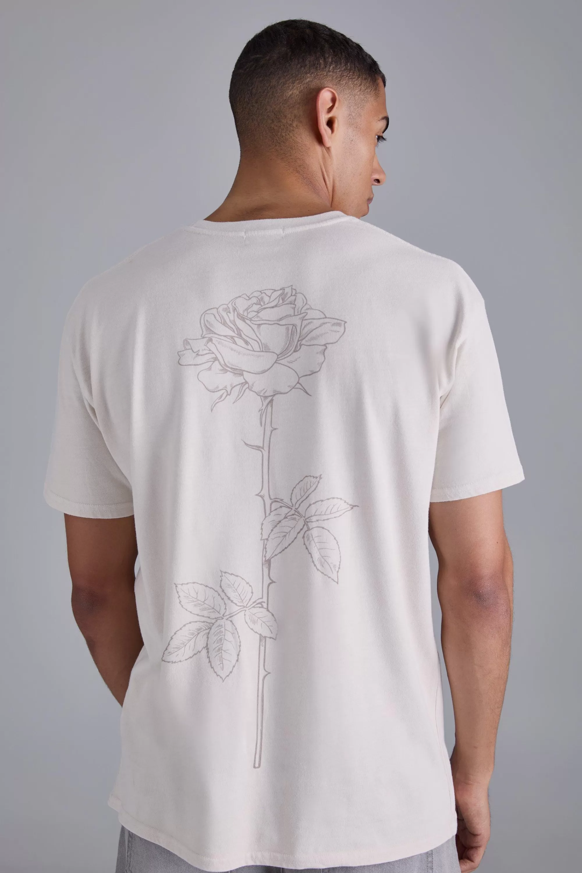 boohooMAN Line Drawing Rose Stem Print T-shirt | UK ecru Clearance