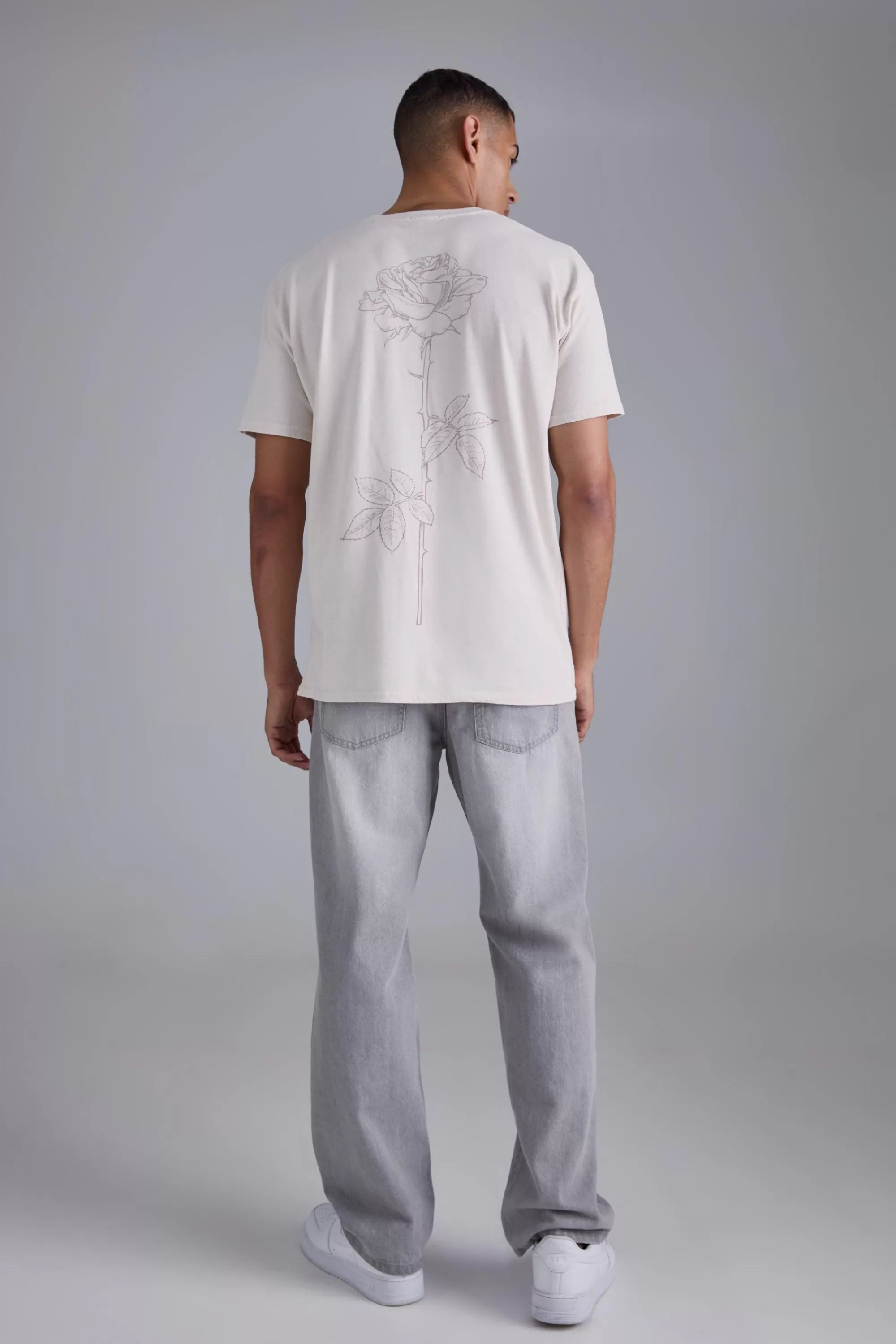 boohooMAN Line Drawing Rose Stem Print T-shirt | UK ecru Clearance