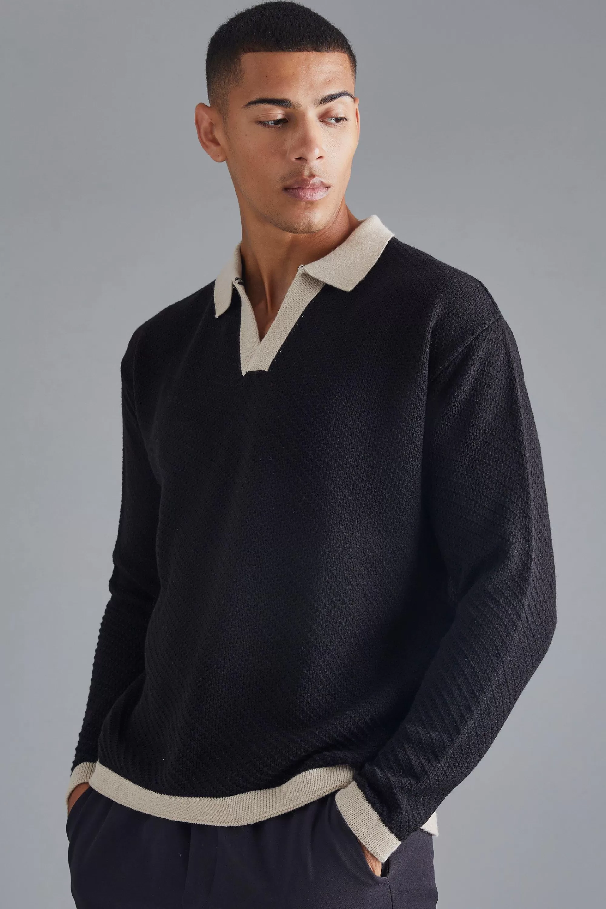 boohooMAN Long Sleeved Oversized Contrast Collar Knitted Polo | UK black Cheap