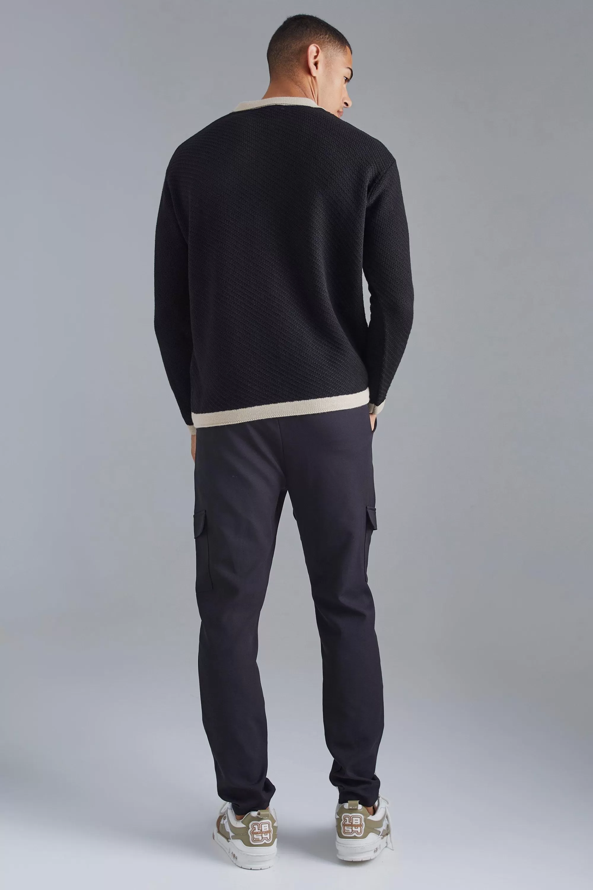 boohooMAN Long Sleeved Oversized Contrast Collar Knitted Polo | UK black Cheap
