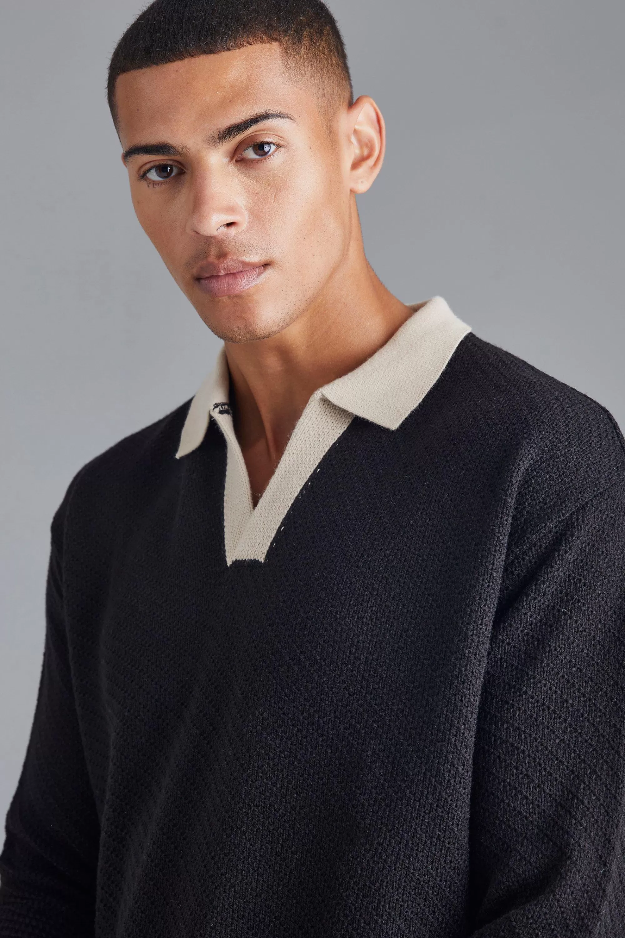 boohooMAN Long Sleeved Oversized Contrast Collar Knitted Polo | UK black Cheap
