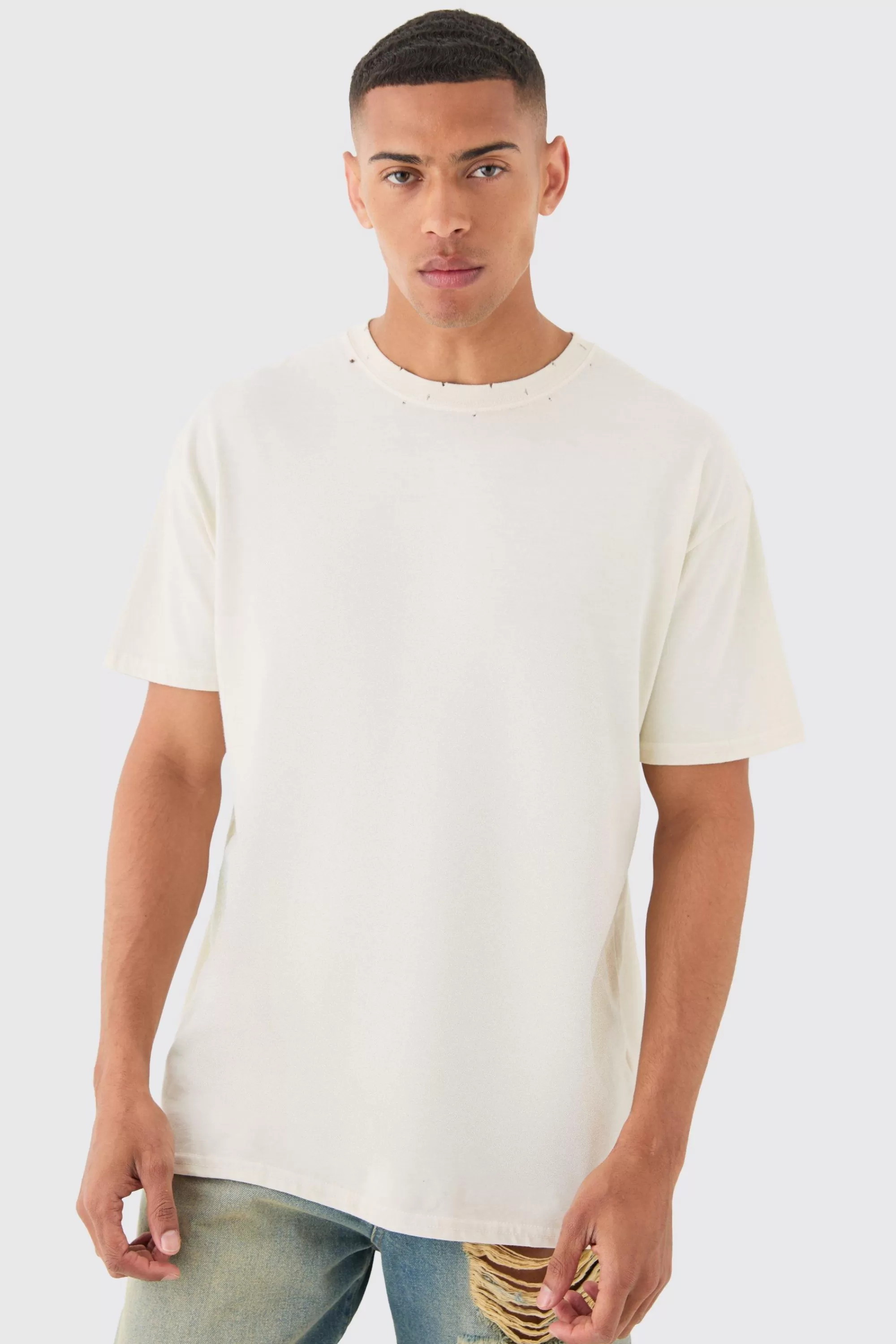 boohooMAN Loose Fit Distressed Wash T-shirt | UK ecru Clearance
