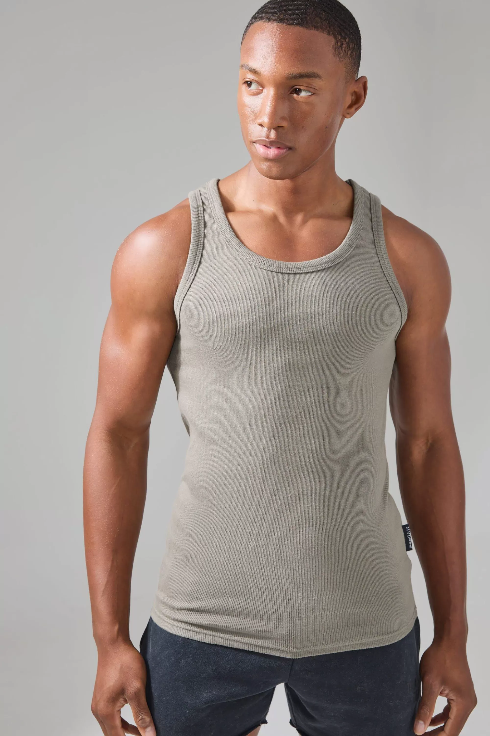boohooMAN Man Active Gym Muscle Fit Ribbed Vest | UK khaki Best