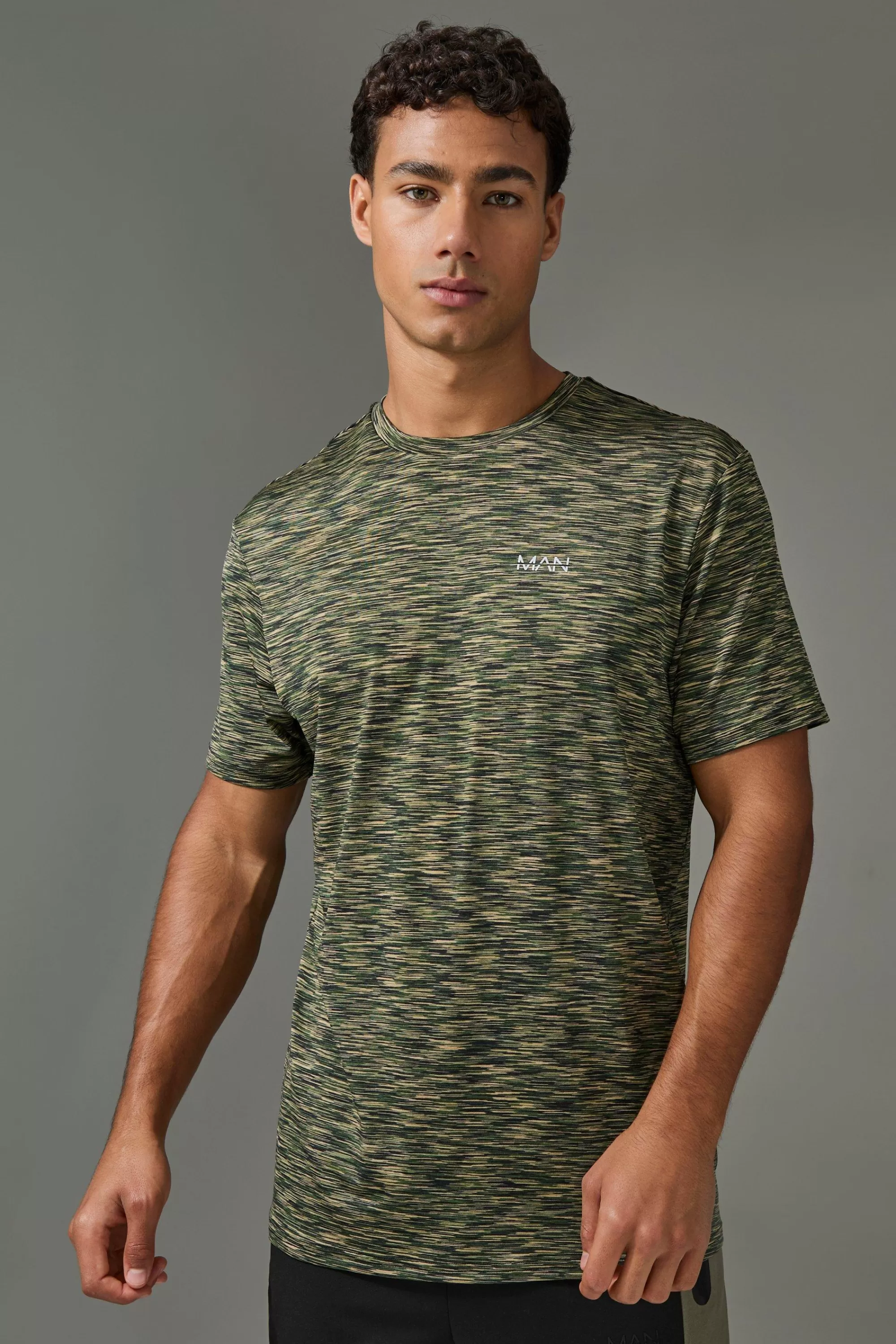 boohooMAN Man Active Lightweight Space Dye Marl Short Sleece T-shirt | UK khaki Hot