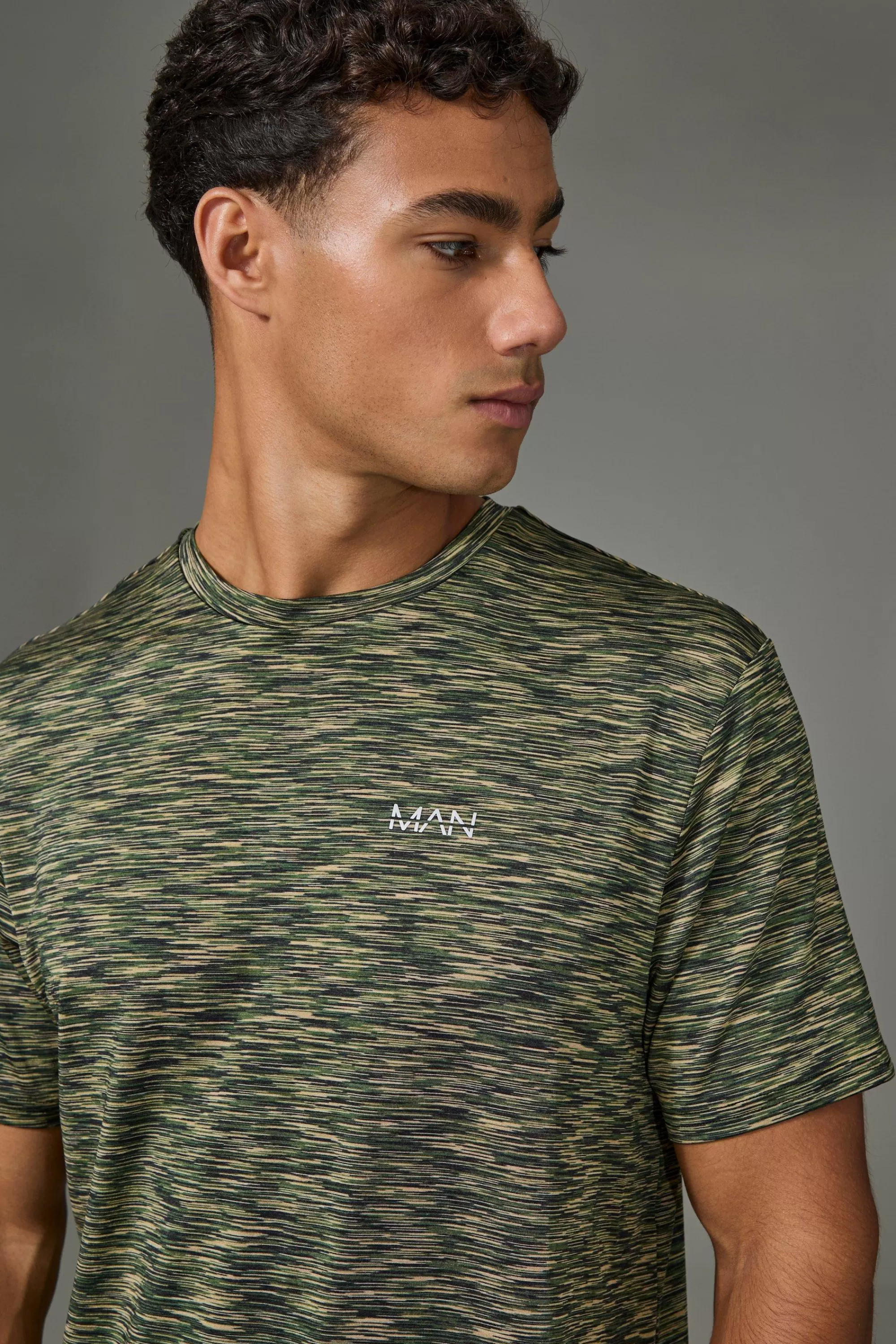 boohooMAN Man Active Lightweight Space Dye Marl Short Sleece T-shirt | UK khaki Hot
